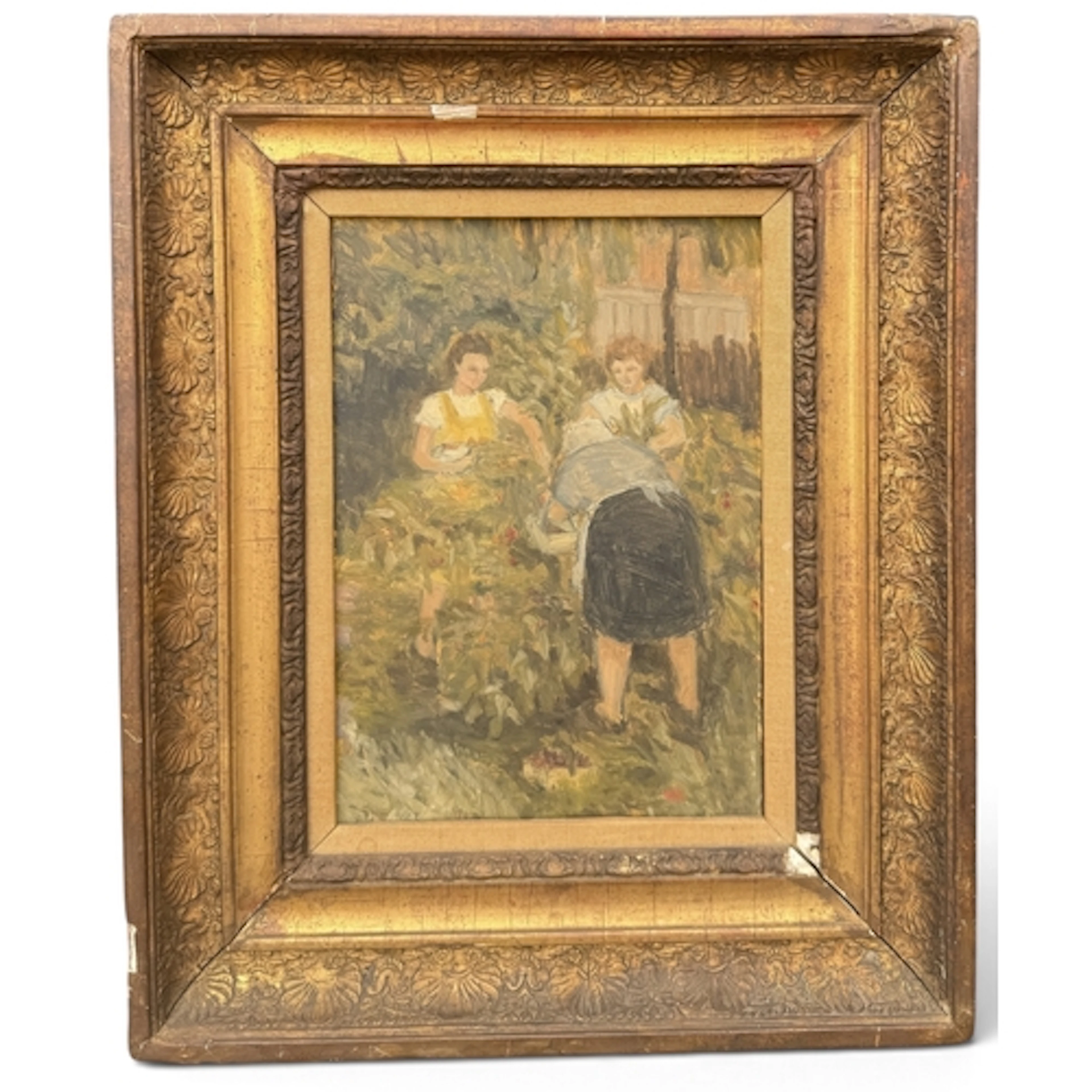 MARGOT NOYES (BRITISH, 20TH CENTURY): FRUIT PICKERS Oil on b...