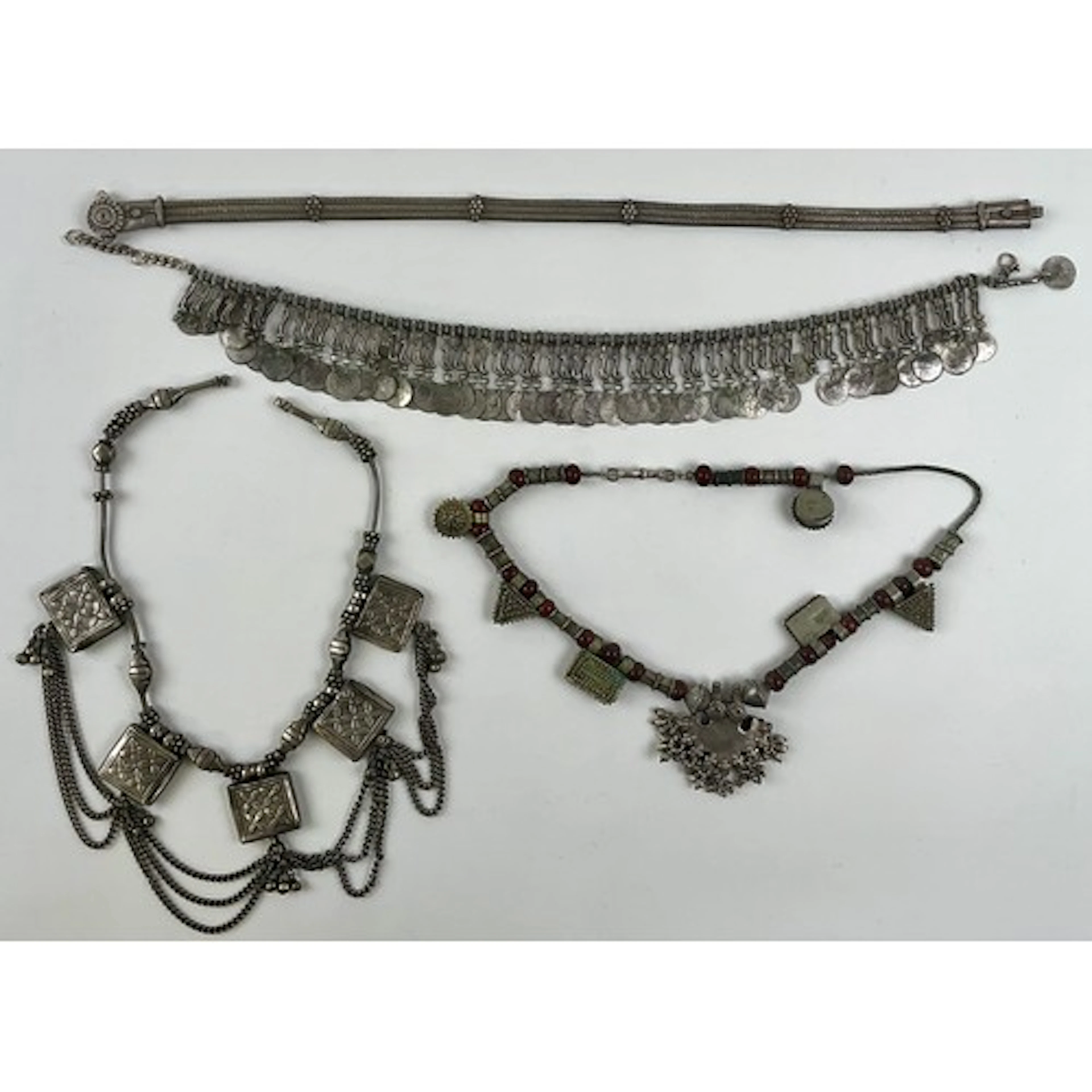 An Afghan silver coloured metal fringe necklace or choker, m...