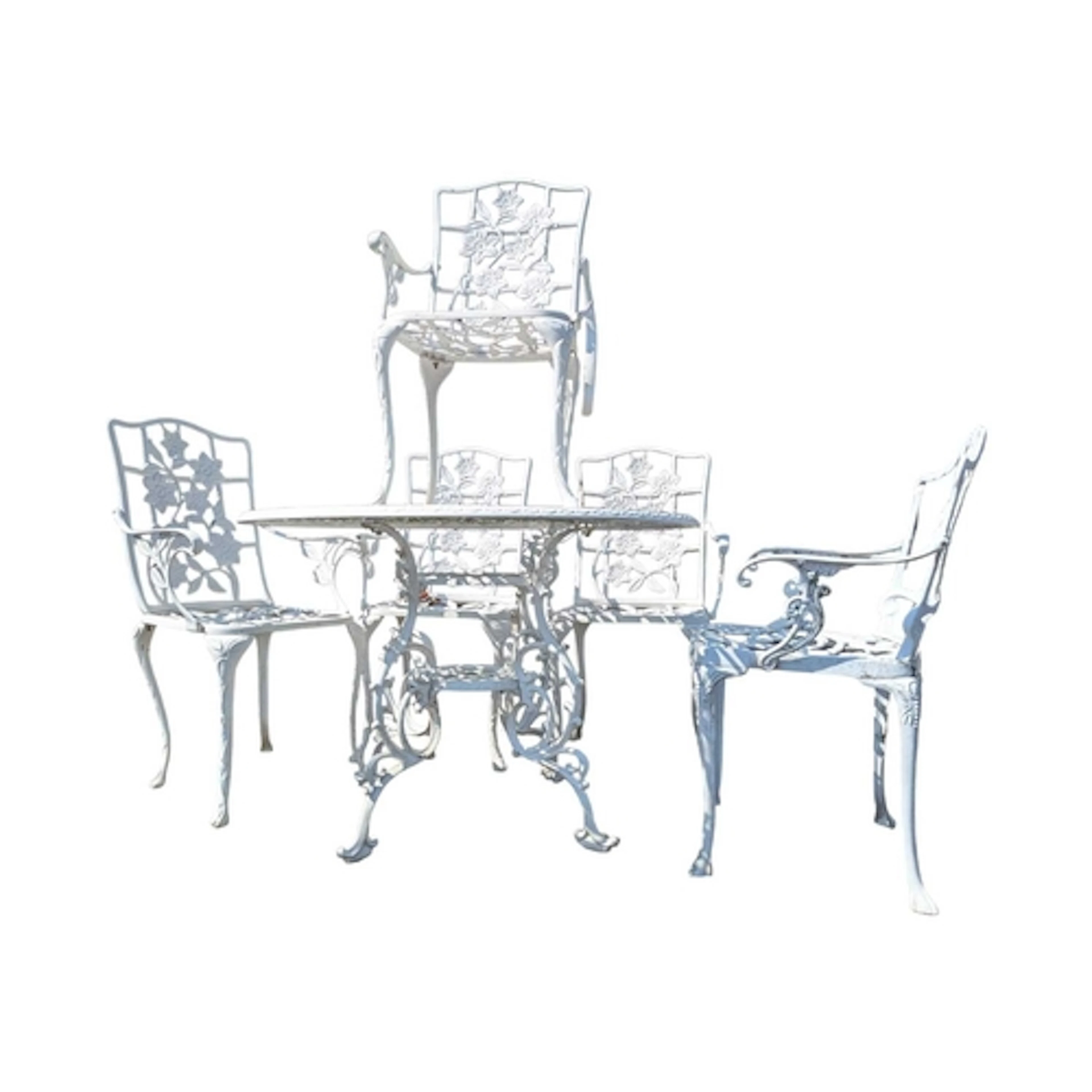 A contemporary white painted metal garden suite. Comprising ...