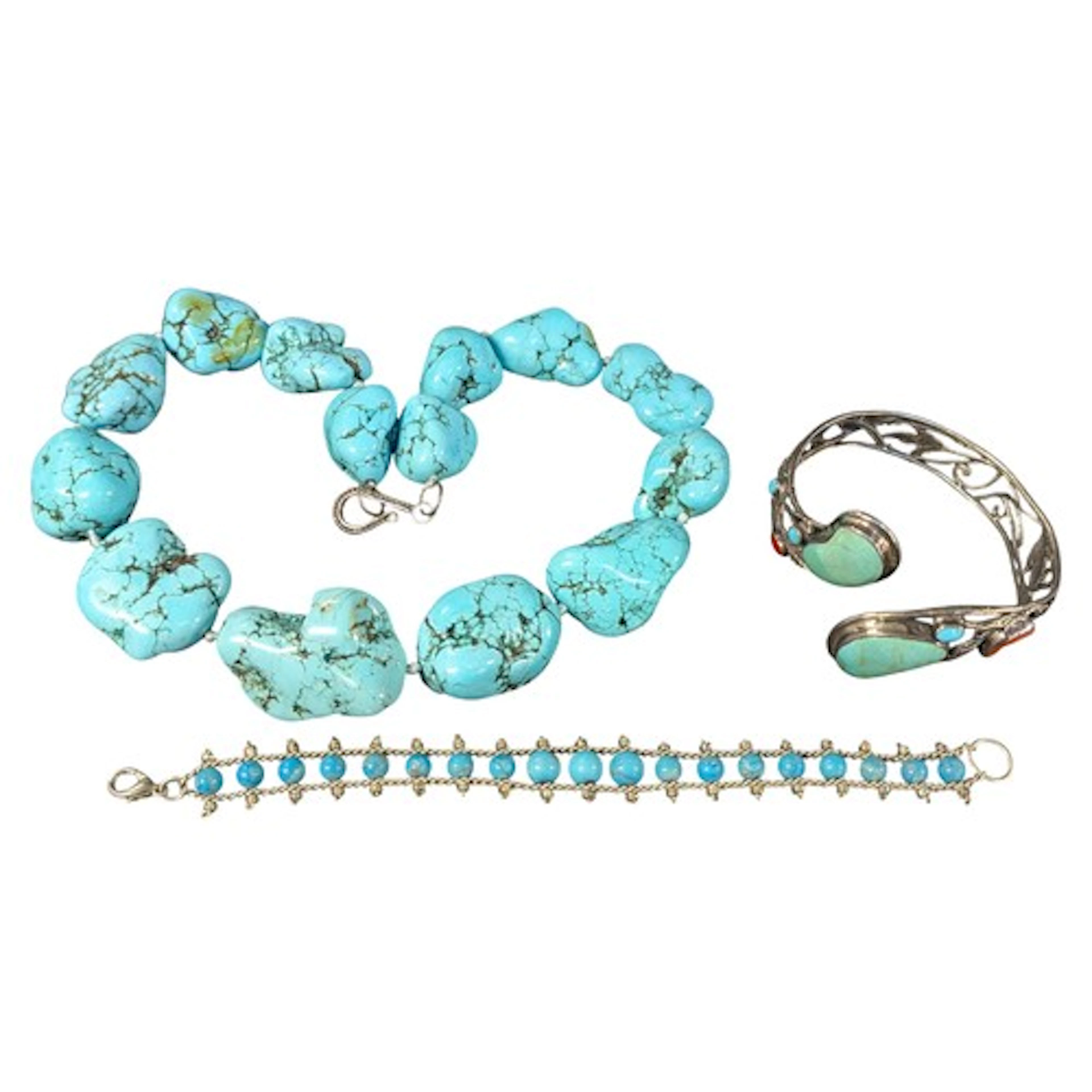 Jewellery - a boulder pebble turquoise fourteen bead necklac...