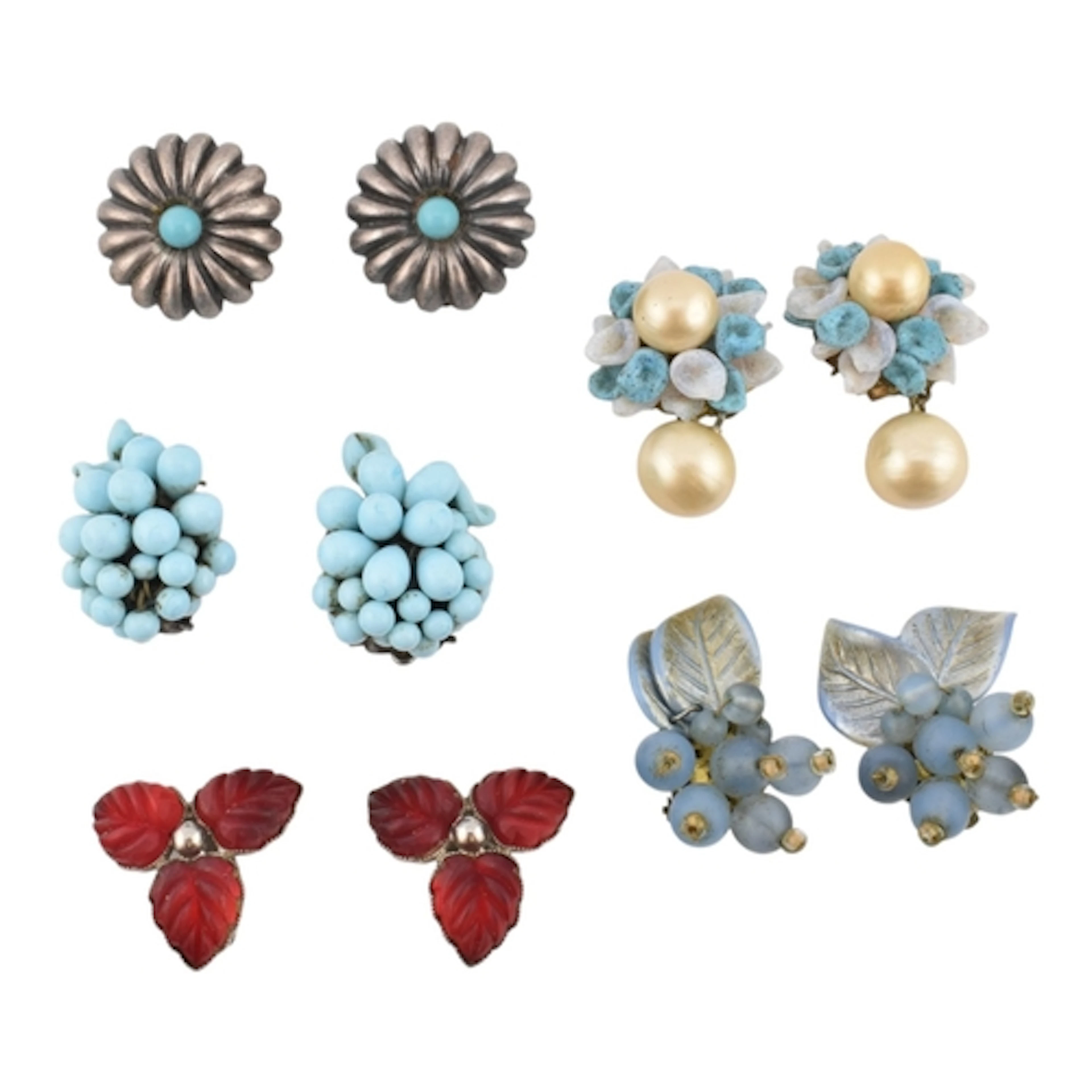 A selection of id century blue and red clip-on earrings. Six...
