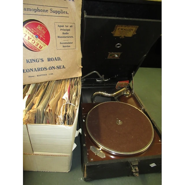 His Master's Voice travel gramophone (handle at fault)