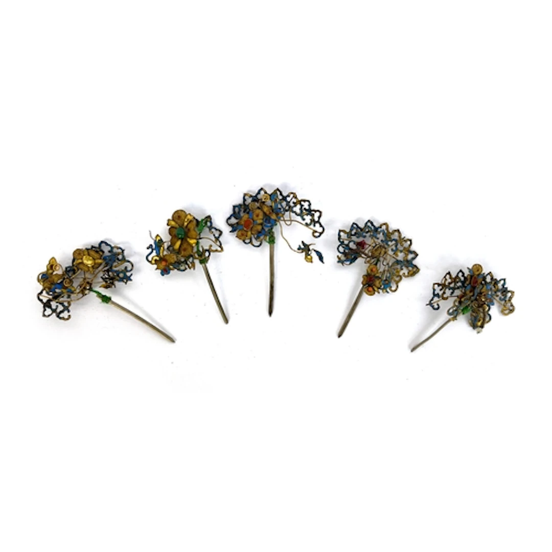 Five Chinese Qing dynasty Tian Tsui gilt metal hair pins wit...