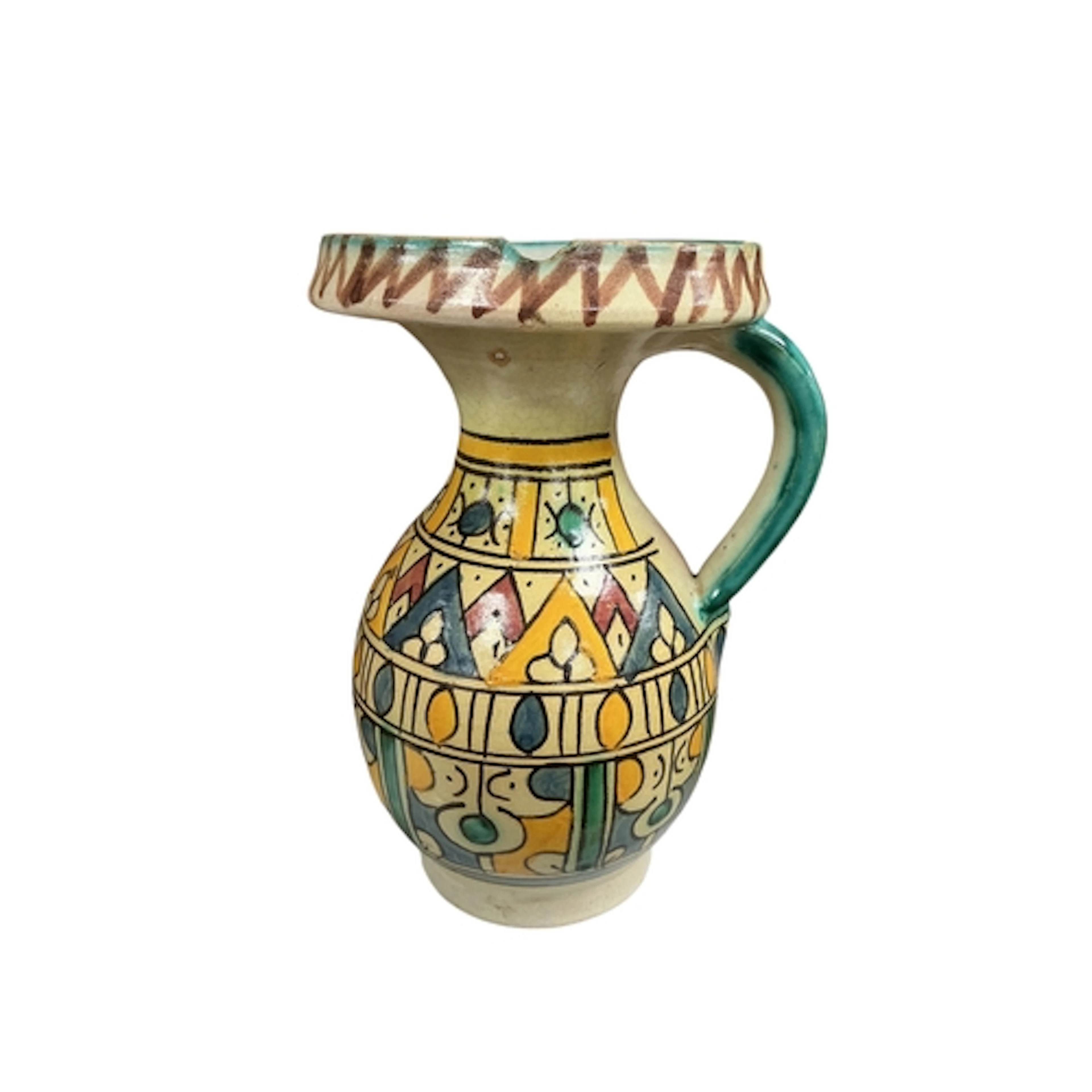 A Moroccan painted pottery jug, decorated with geometric mot...