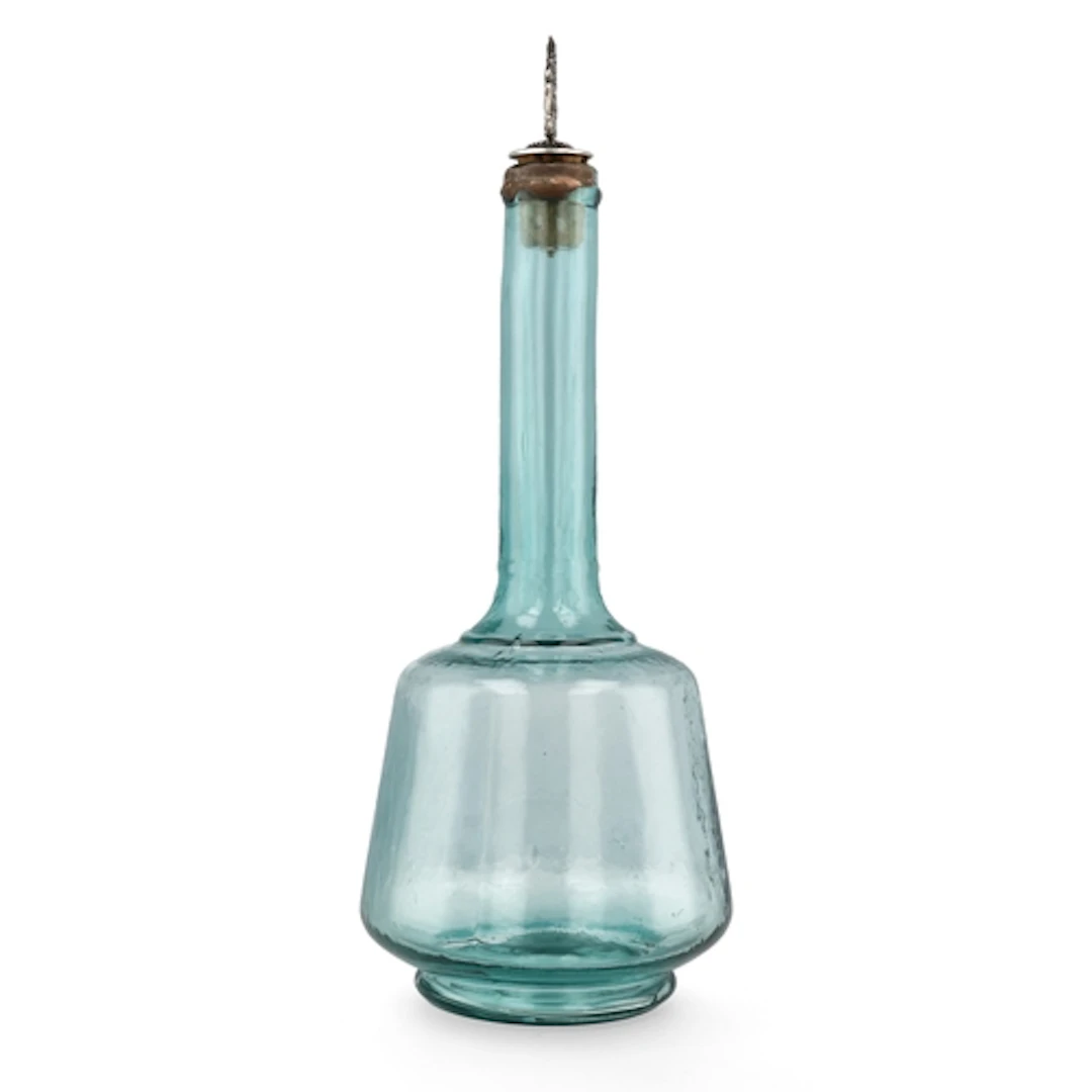 A 19TH CENTURY GLASS BOTTLE WITH HALLMARKED SILVER STOPPER 3...