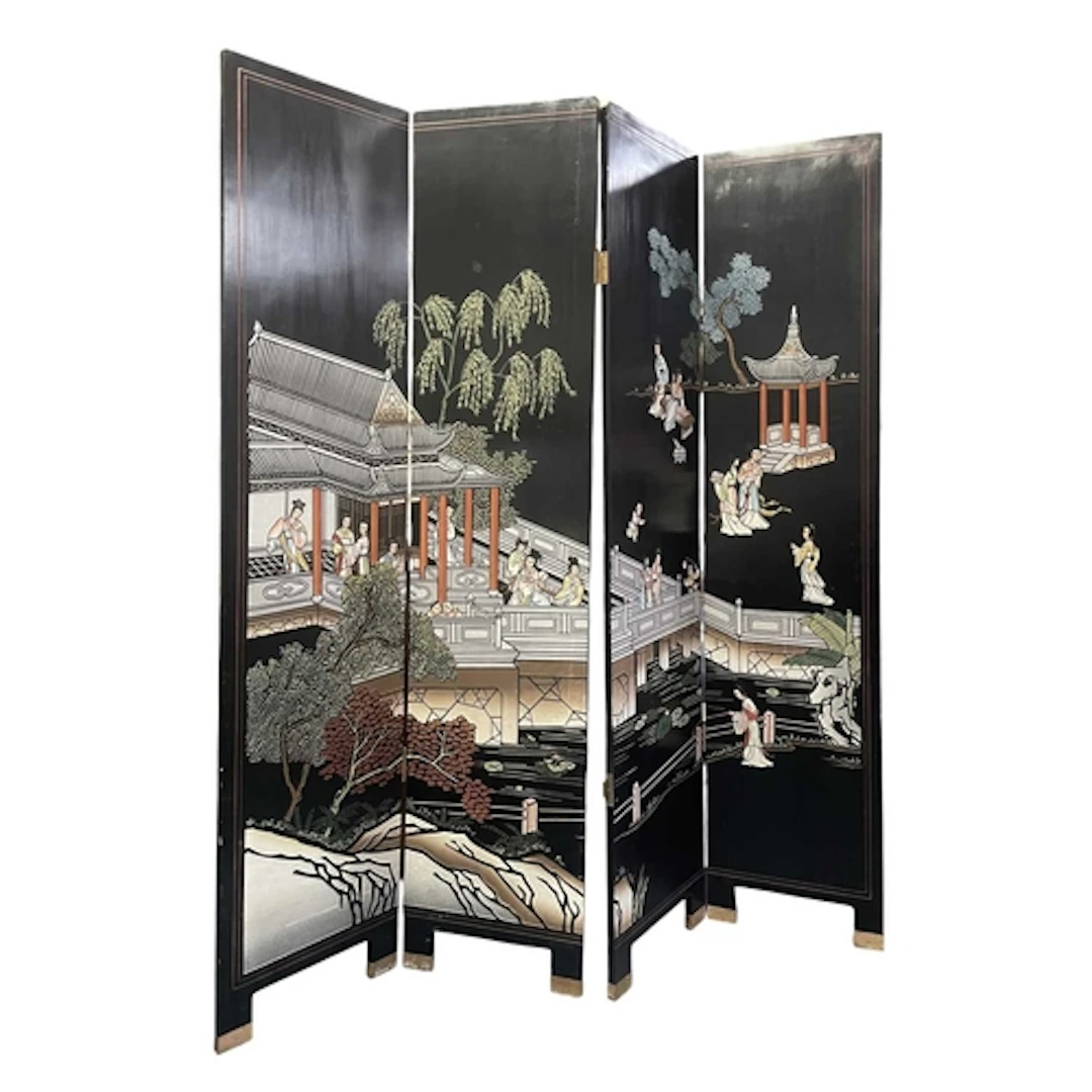 A Chinese 20th century black lacquered and painted four fold...