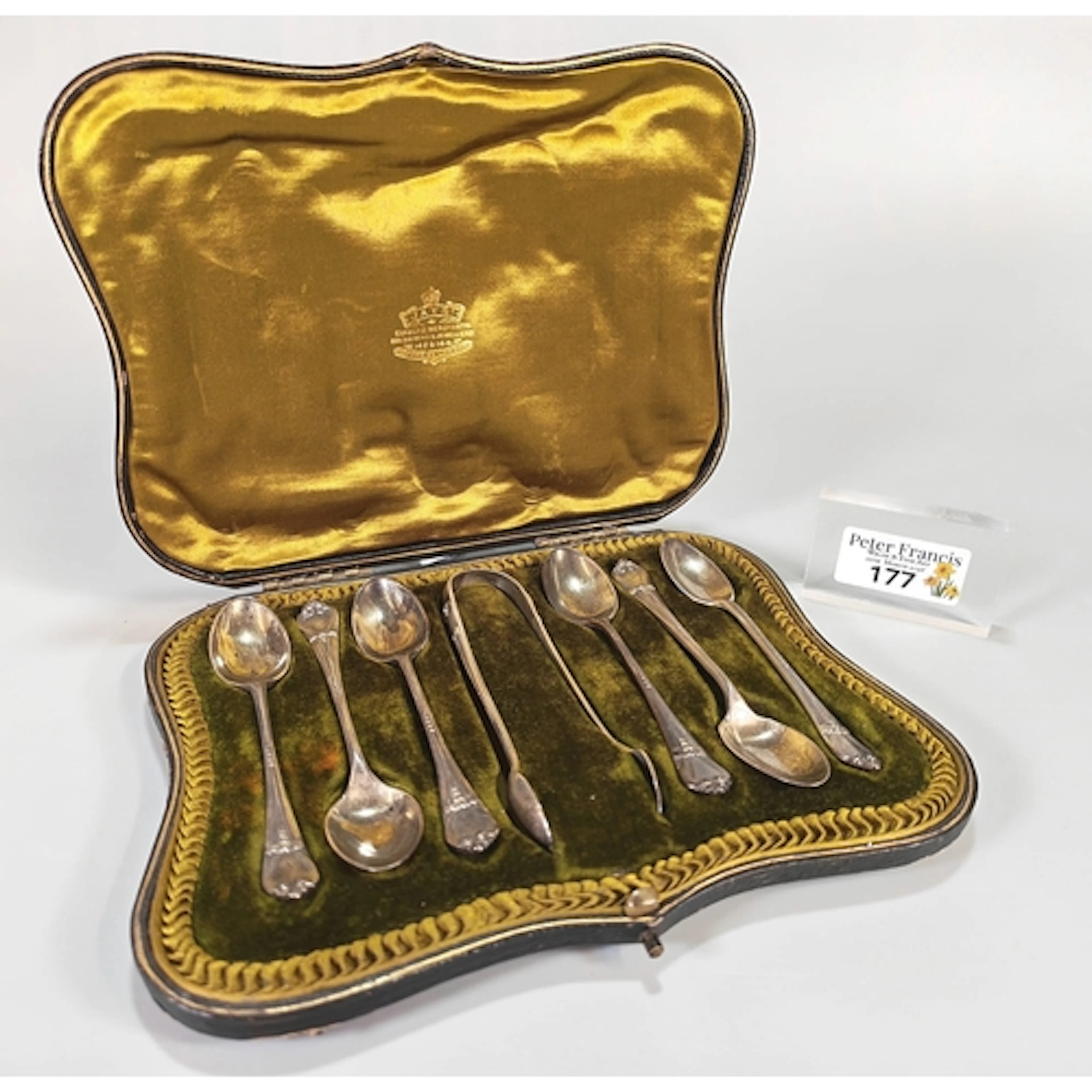 Set of six silver George V teaspoons with matching sugar nip...
