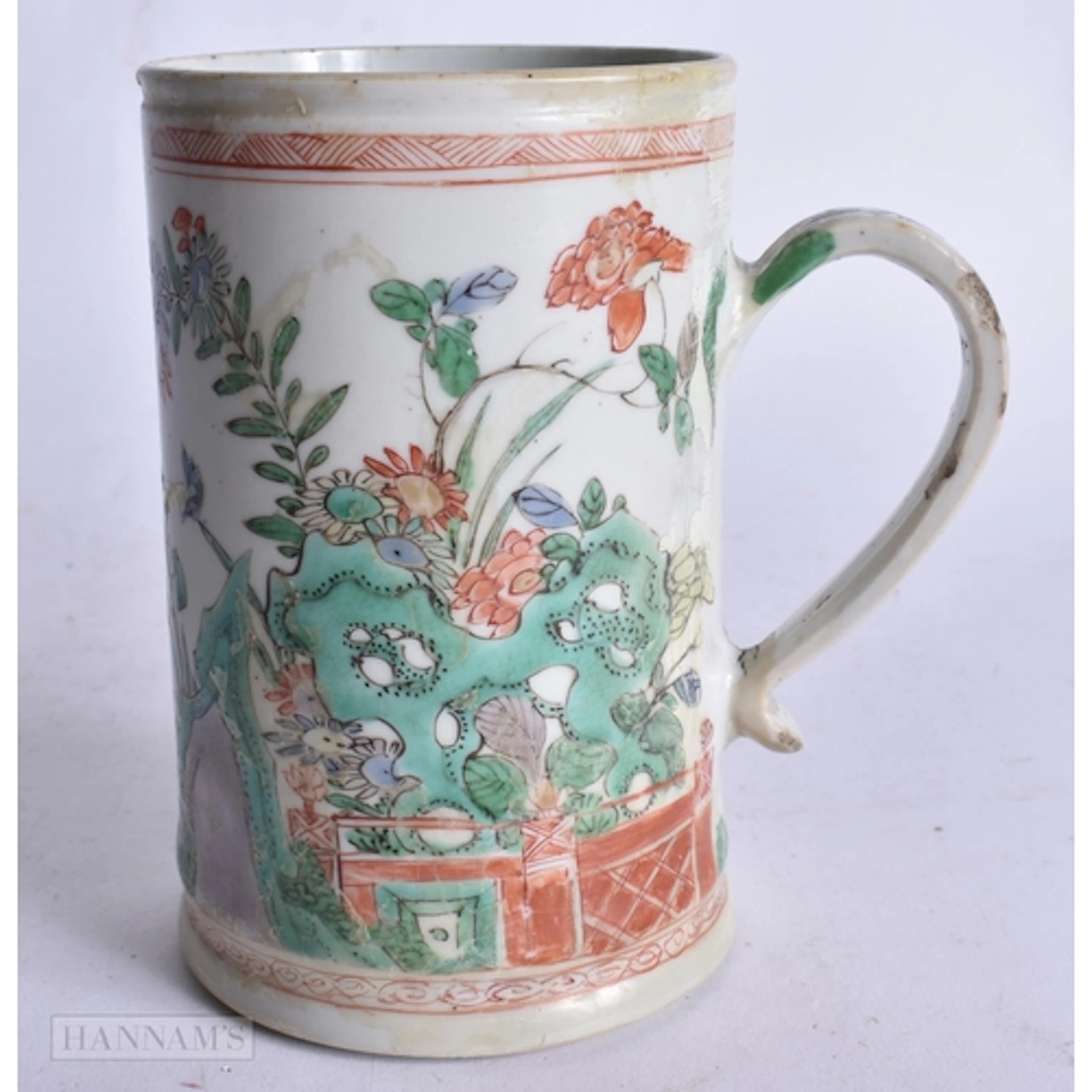 A 17TH CENTURY CHINESE FAMILLE VERTE PORCELAIN TANKARD Kangx...