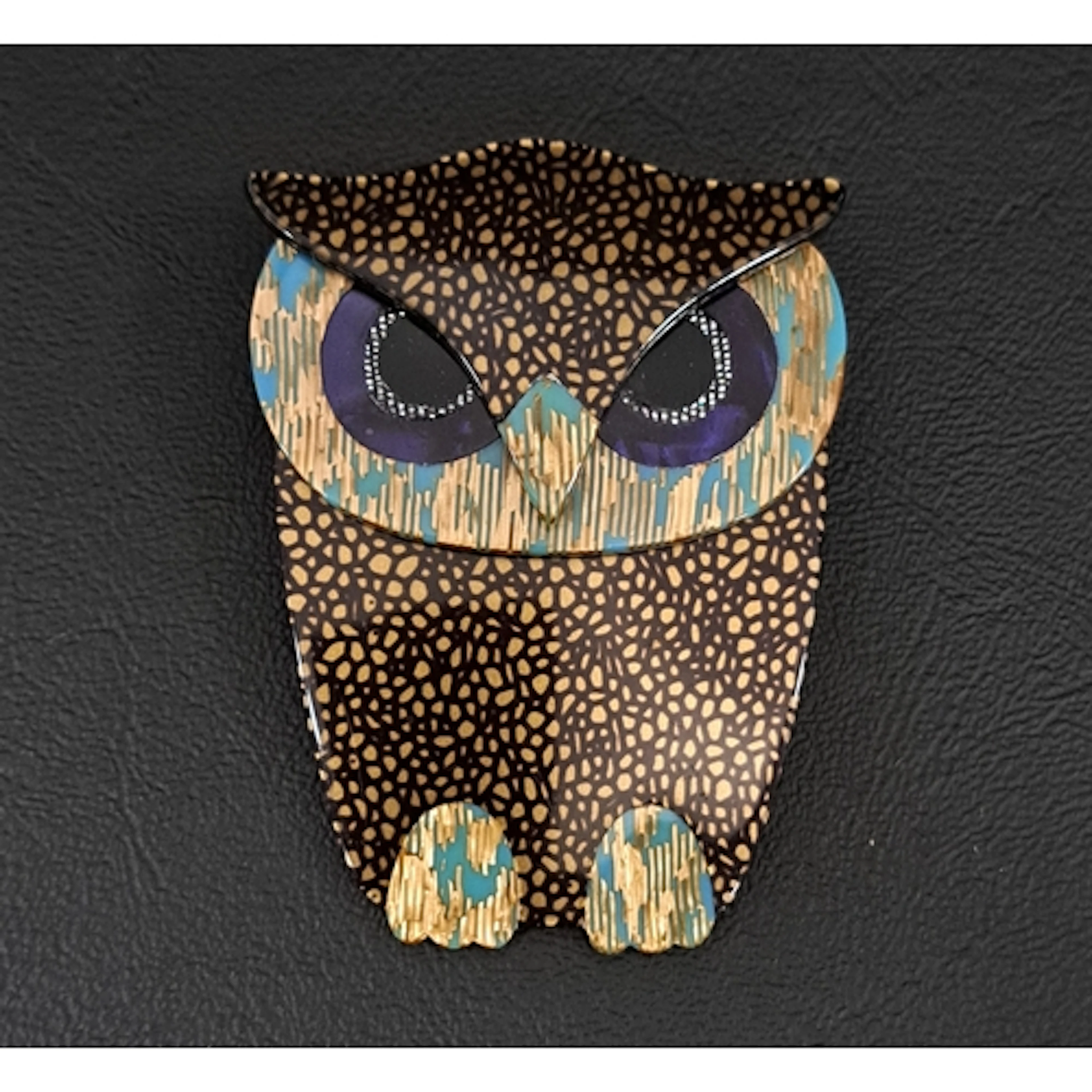 LEA STEIN OWL BROOCH the gold and black mosaic effect owl wi...