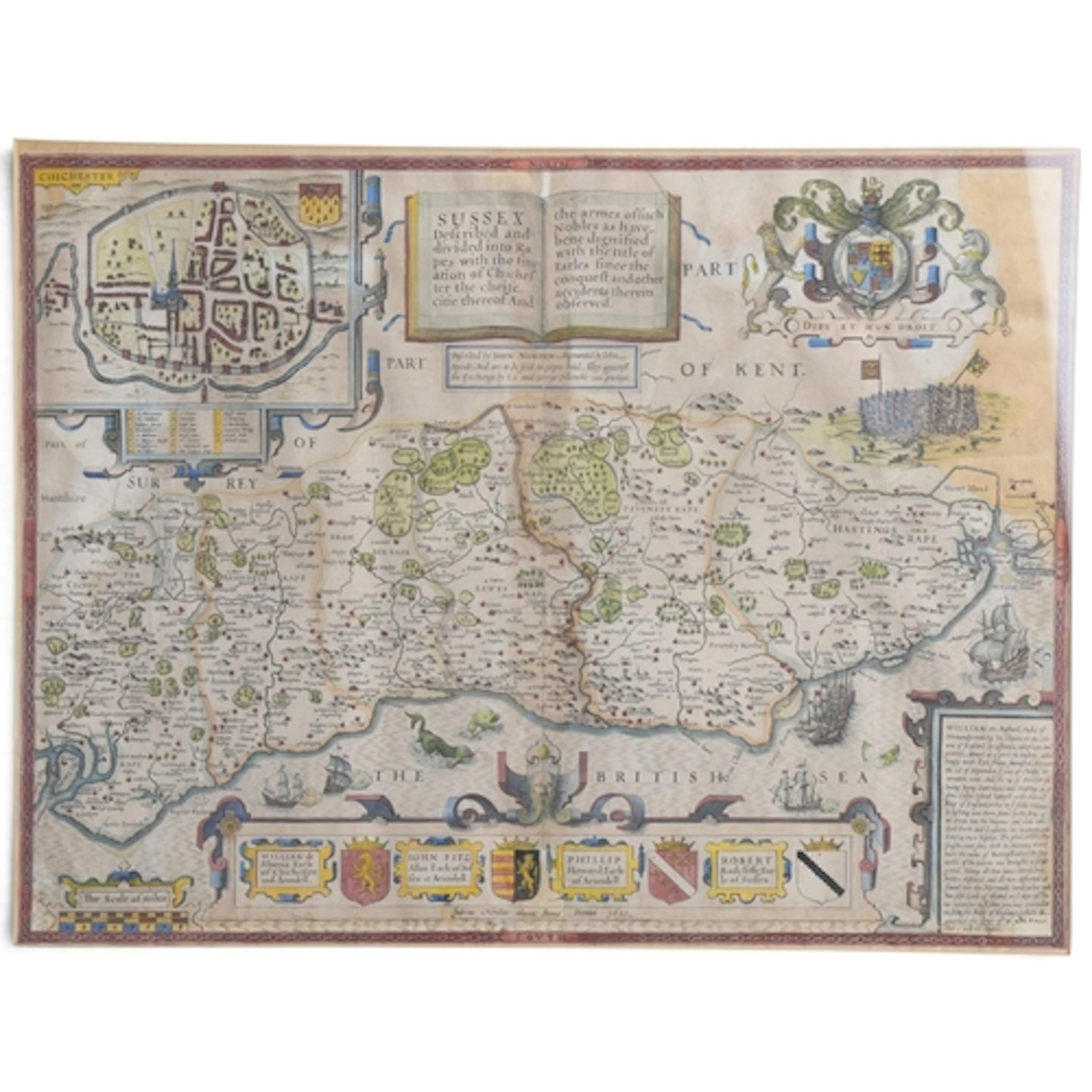 A 17th century hand colored map of Sussex, "Described by Joh...