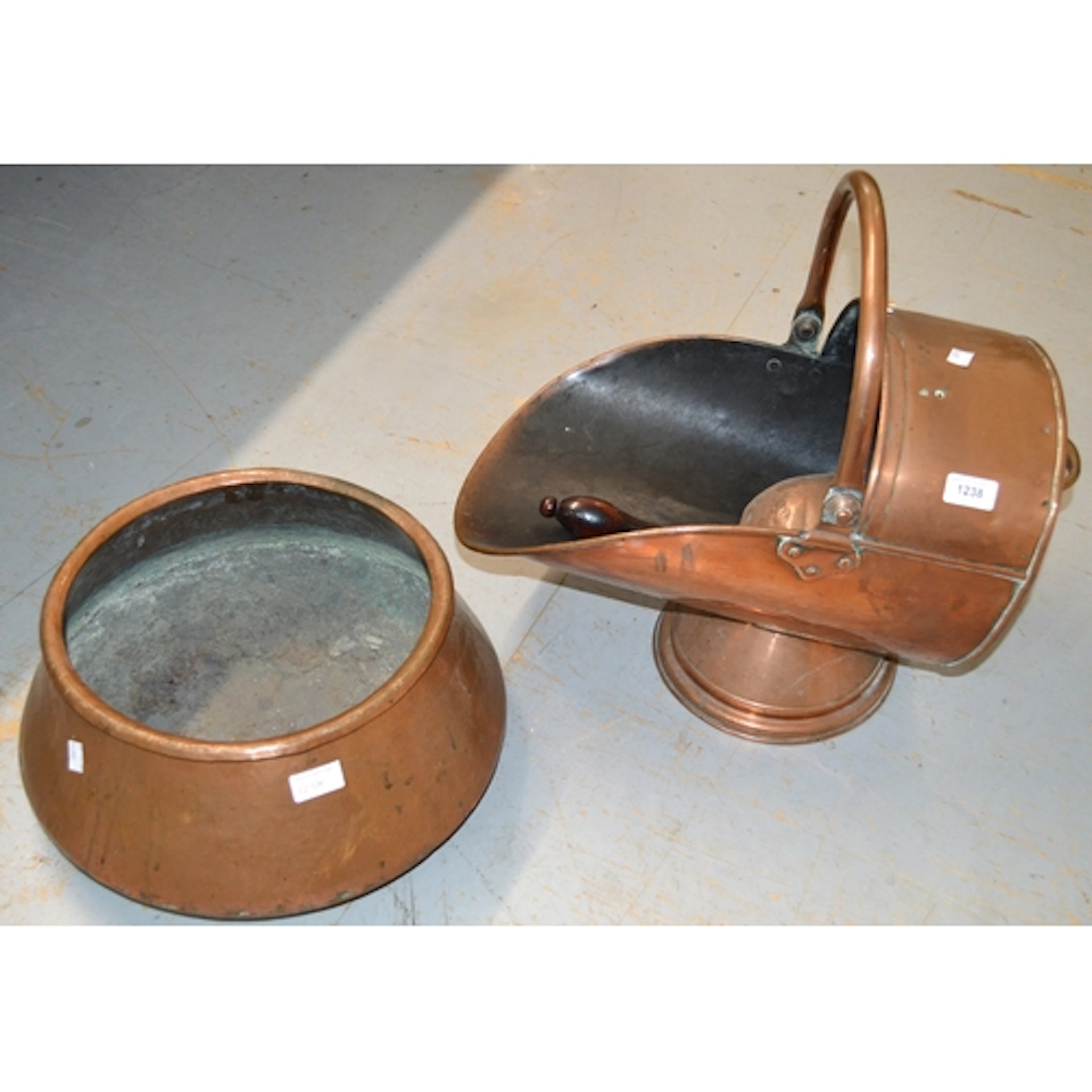 19th Century copper helmet shaped coal scuttle, together wit...