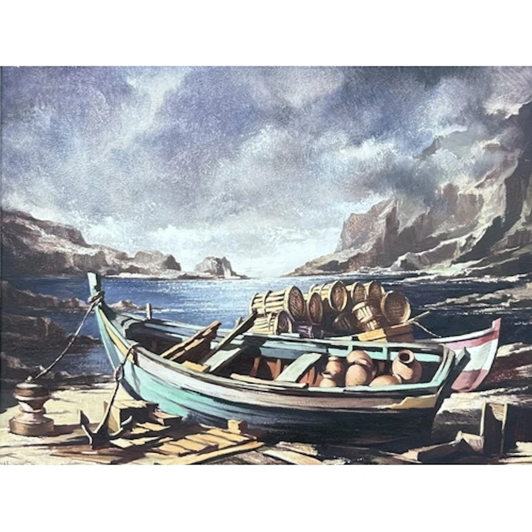 DOMINGO HUETOS (SPANISH, 1928-2005): FISHING BOATS ASHORE Oi...