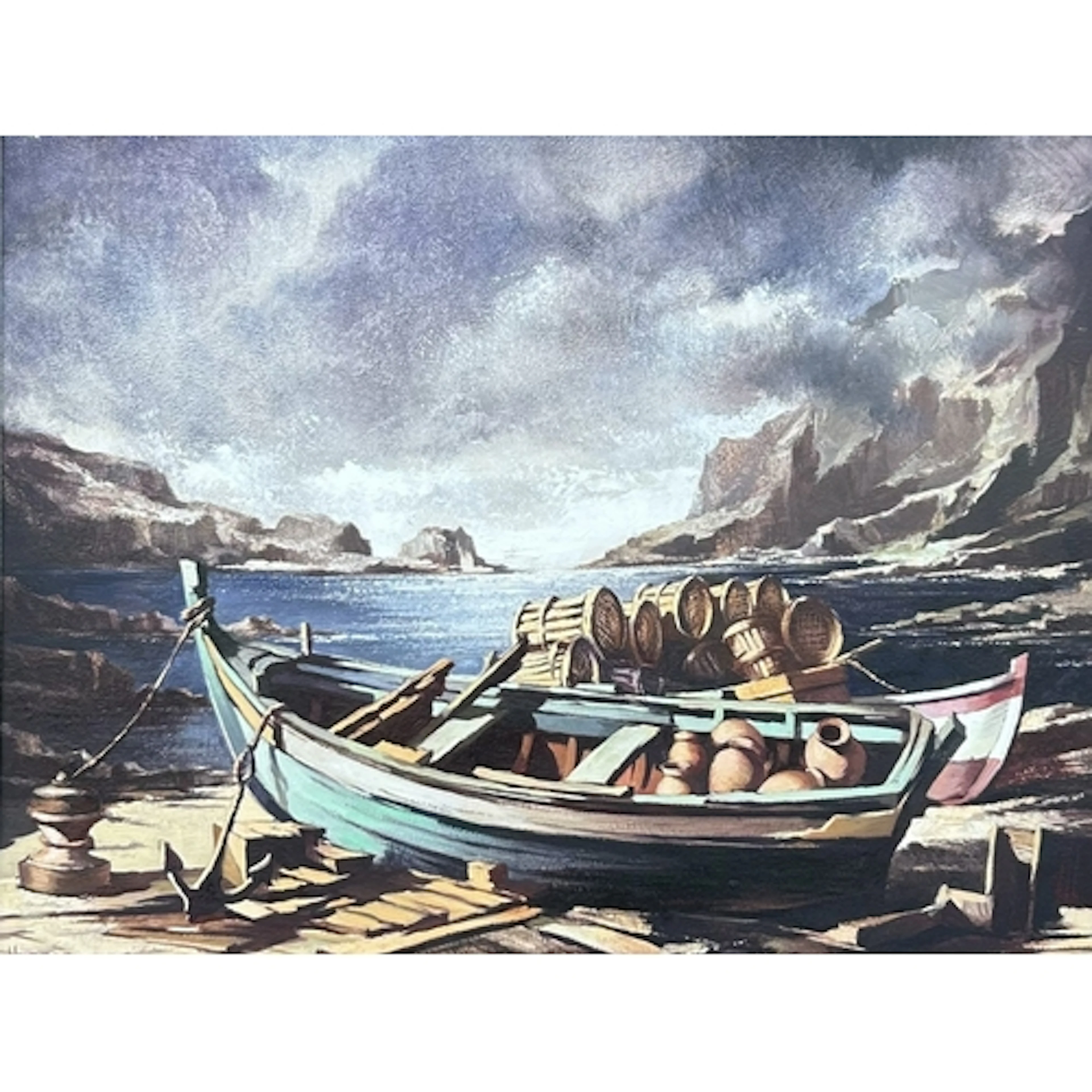 DOMINGO HUETOS (SPANISH, 1928-2005): FISHING BOATS ASHORE Oi...