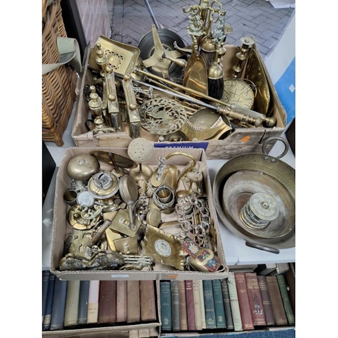 TWO BOXES AND LOOSE OF VINTAGE BRASSWARE to include a box co...