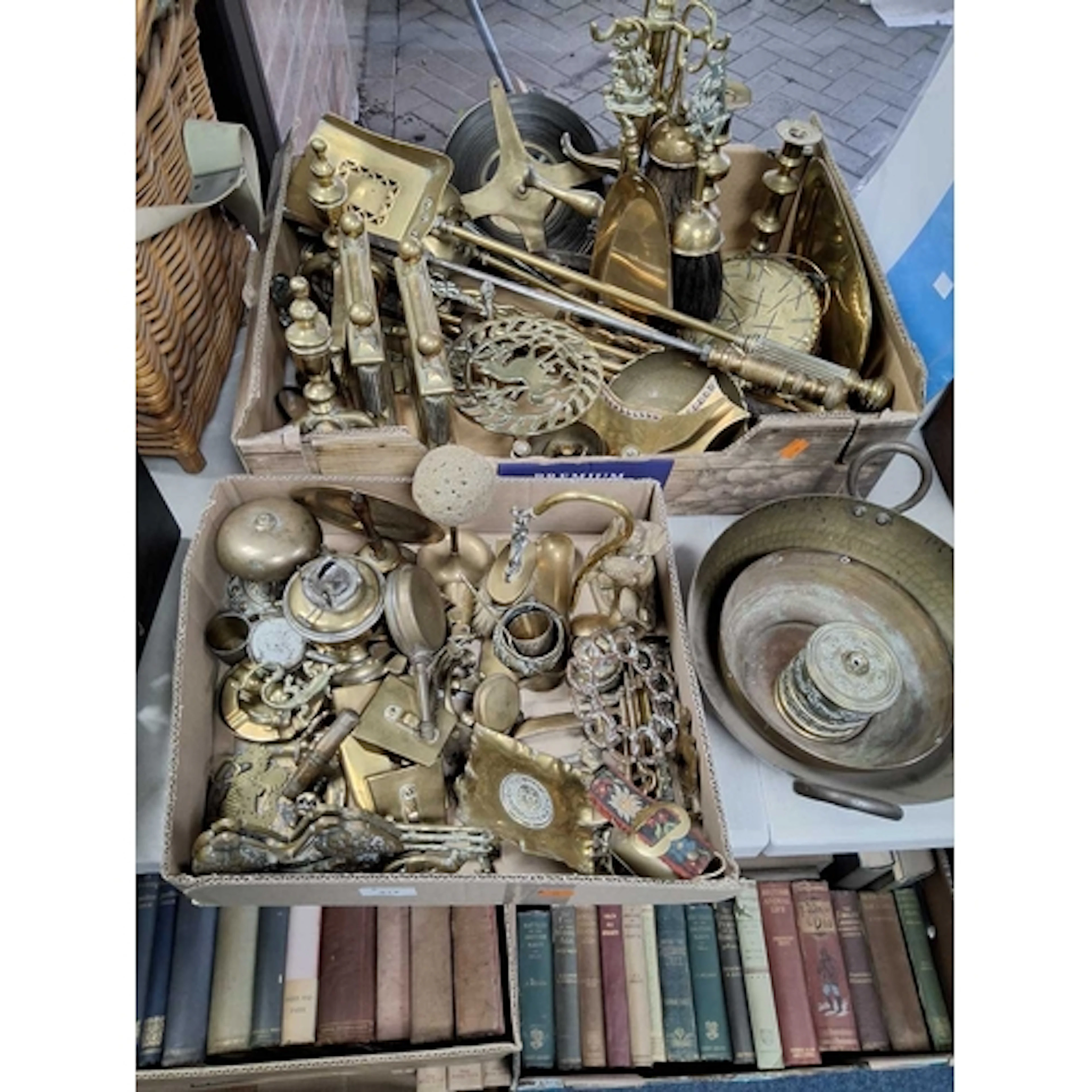 TWO BOXES AND LOOSE OF VINTAGE BRASSWARE to include a box co...