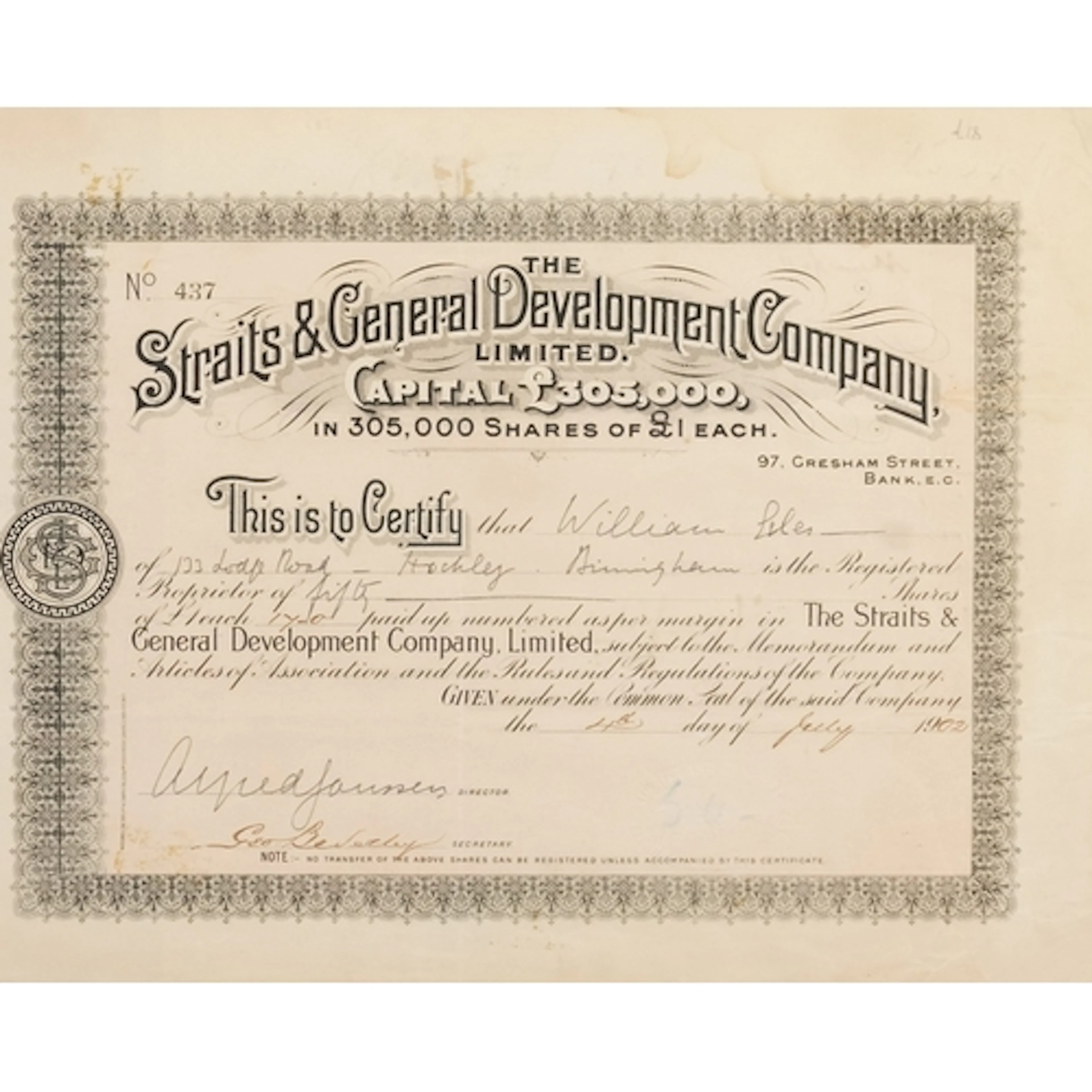 Share certificate for Straits & General Development Company ...