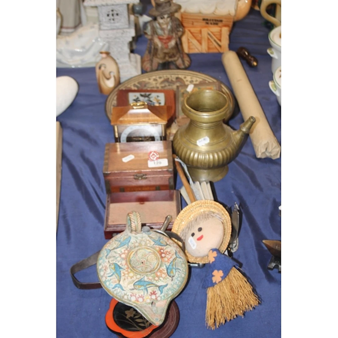 Wooden boxes, Spurs, vintage draughts, etc
