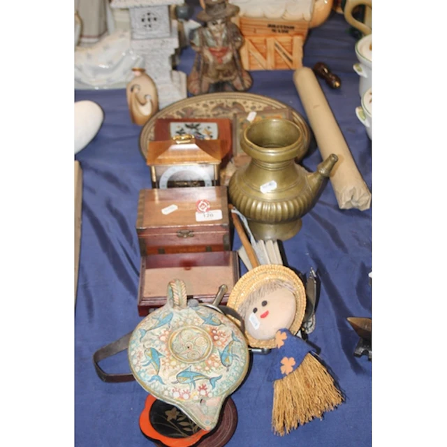 Wooden boxes, Spurs, vintage draughts, etc
