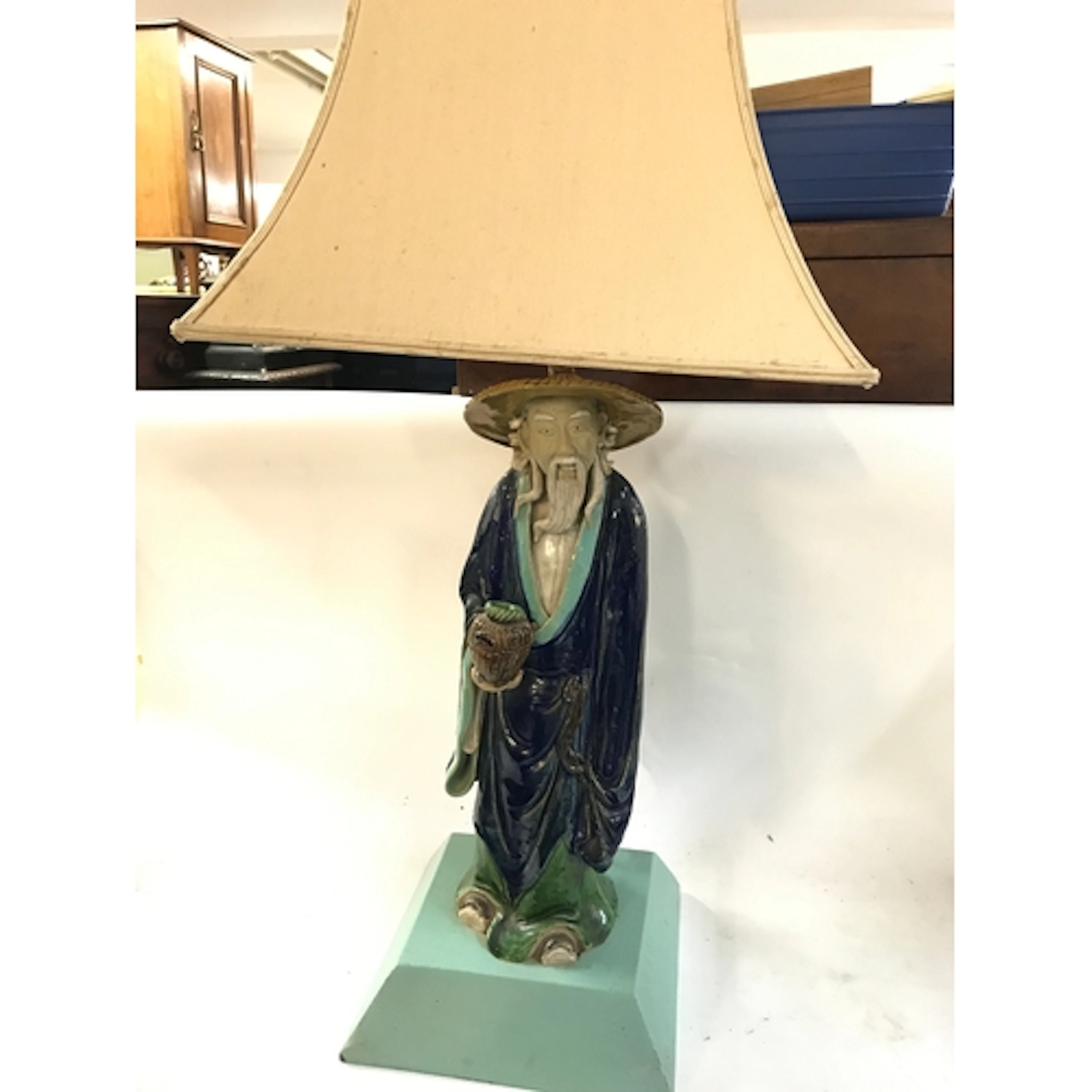 Chinese Shiwan (Shekwan) pottery mudman figurine lamp featur...
