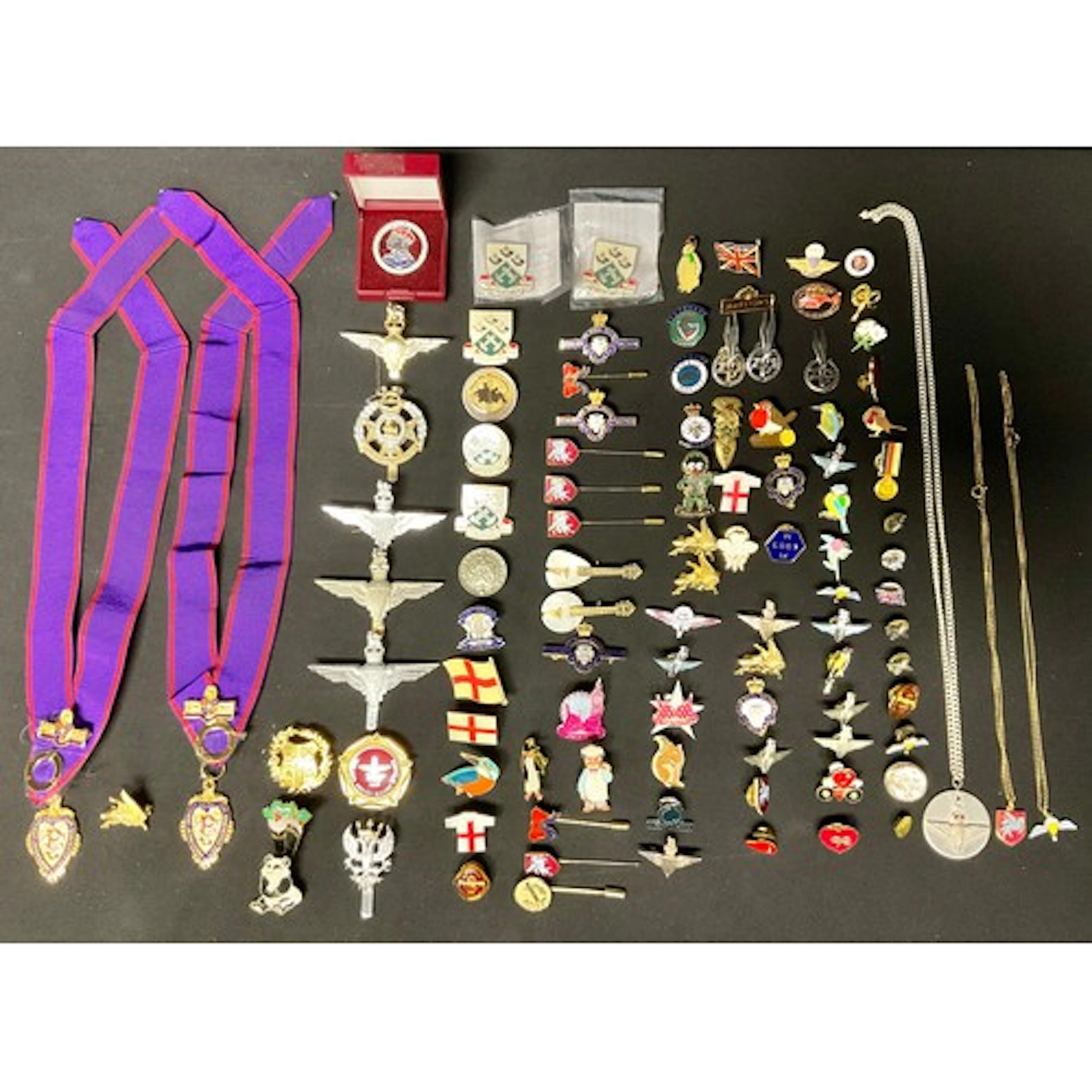 Advertising and Military pin badges, cap badges, etc post WW...