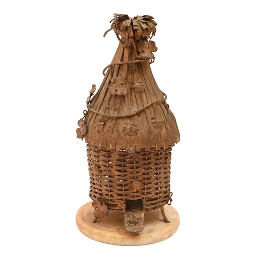 A French gilt wirework box in the form of a bee skep, second...