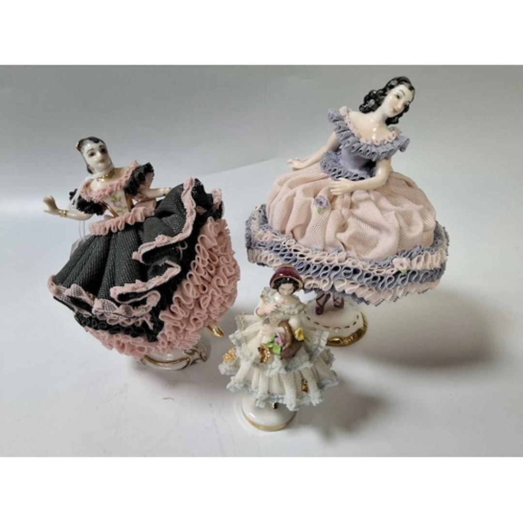 THREE VINTAGE DRESDEN STYLE CERAMIC LACEWORK FIGURINES, comp...