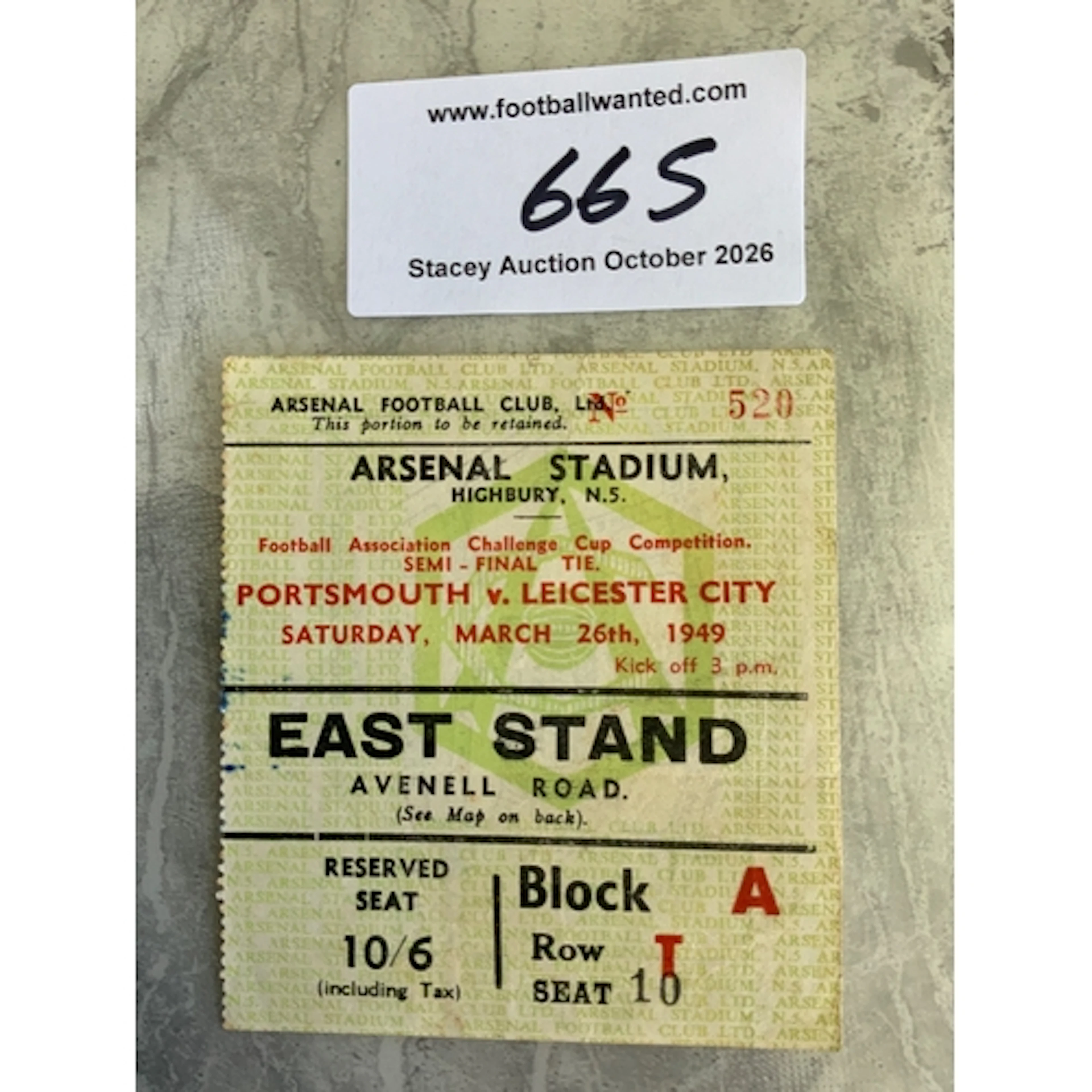 1949 FA Cup Semi Final Football Ticket: Portsmouth v Leicest...