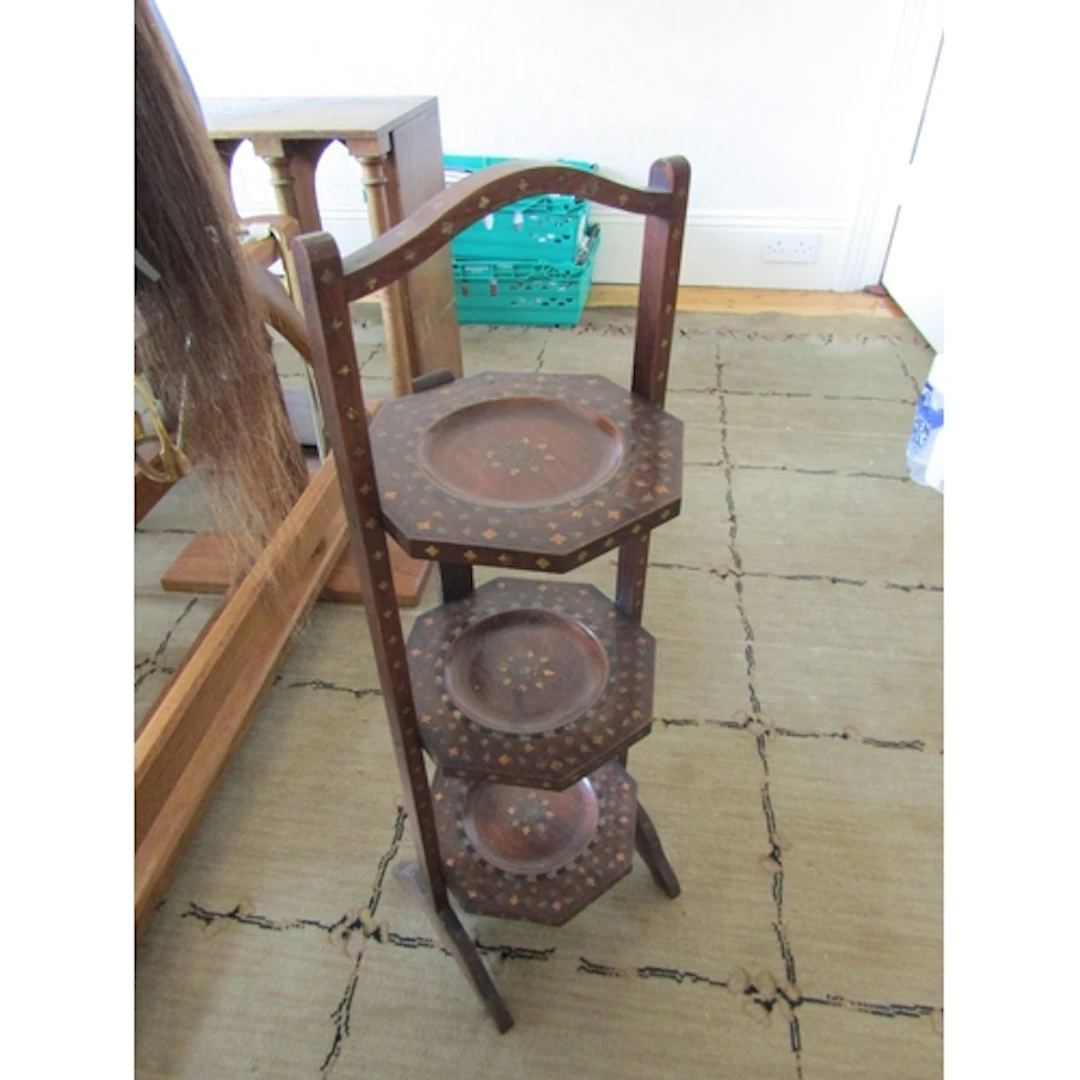 Antique Marquetry Decorated Three Tier Cake Stand Approximat...