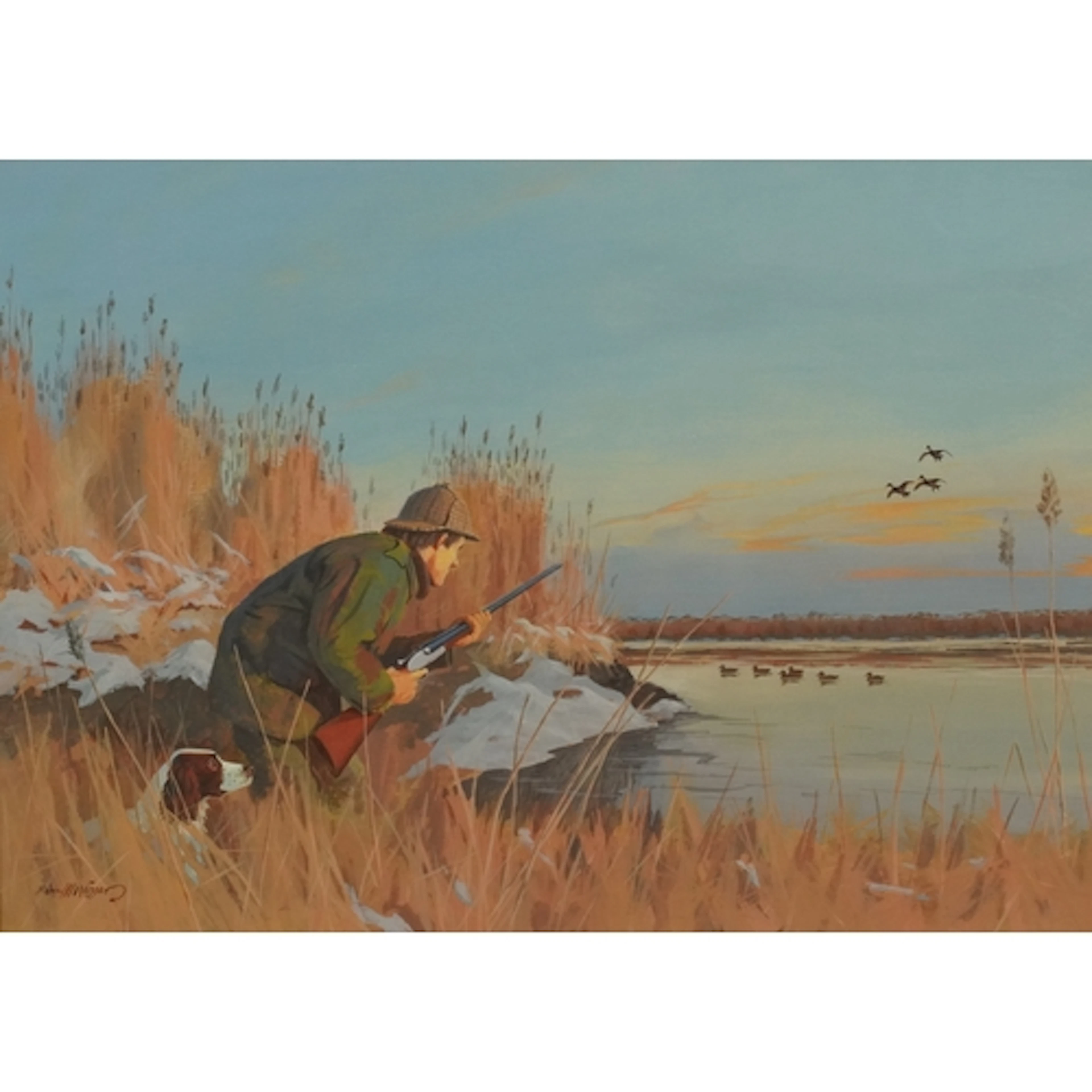 Brian Wigger - Huntsman and gun dog by a riverside, gouache ...