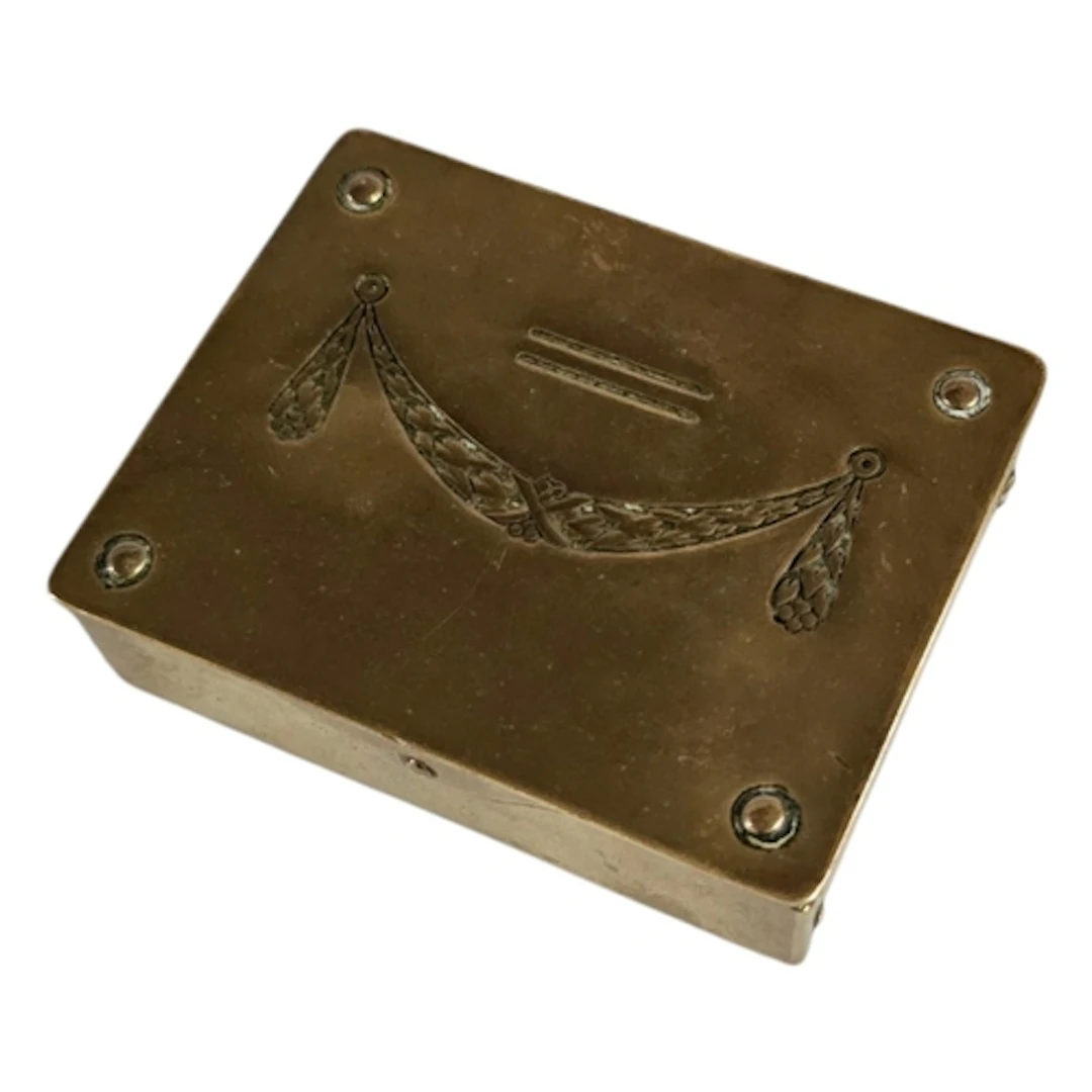 A GERMAN ART NOUVEAU BRASS POSTAGE STAMP BOX Having engraved...