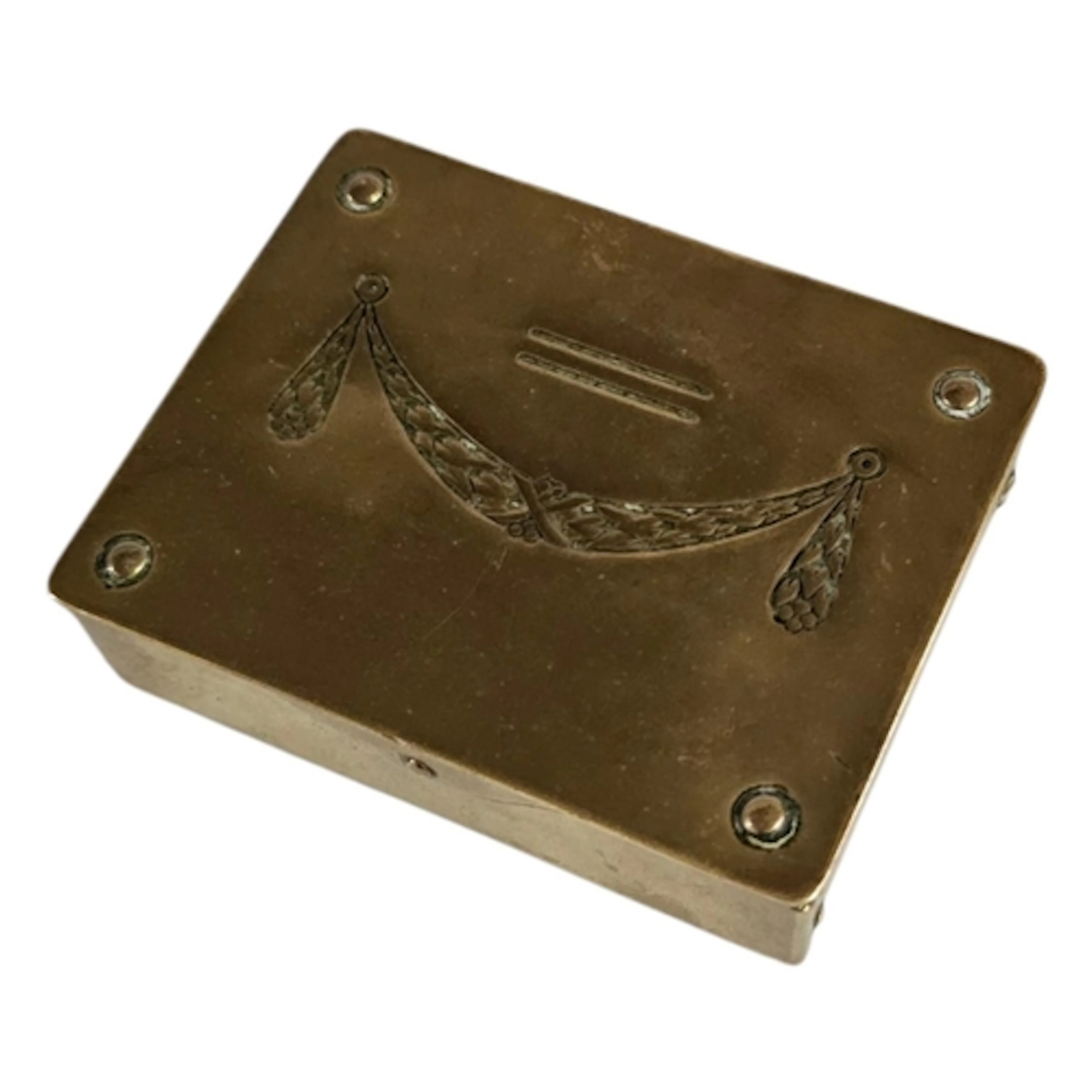 A GERMAN ART NOUVEAU BRASS POSTAGE STAMP BOX Having engraved...