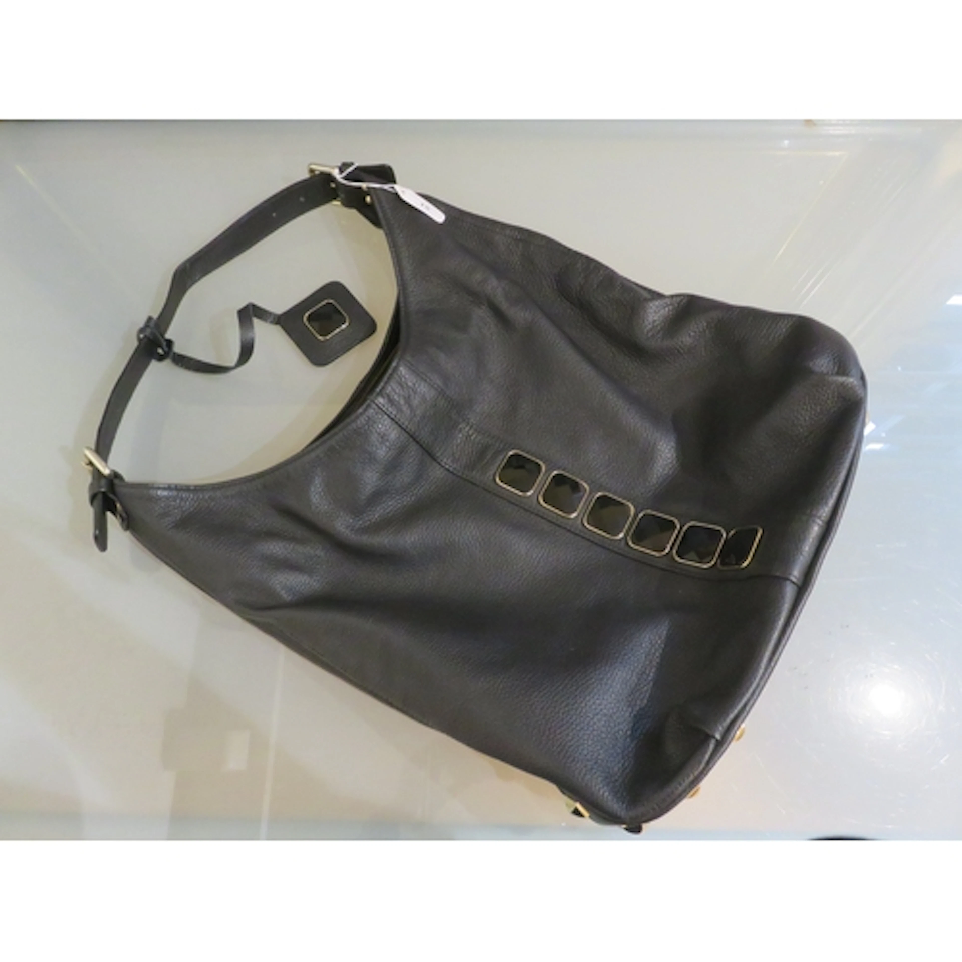 Chicca B Italian black pebbled leather shoulder bag with gol...