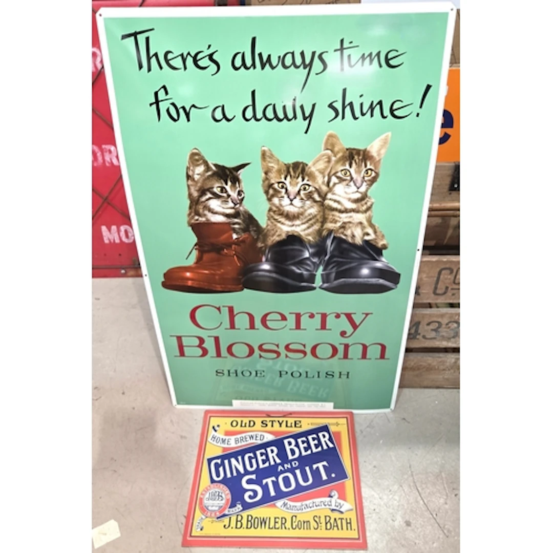 Advertising: Cherry Blossom shoe polish sign with cats; Gin...