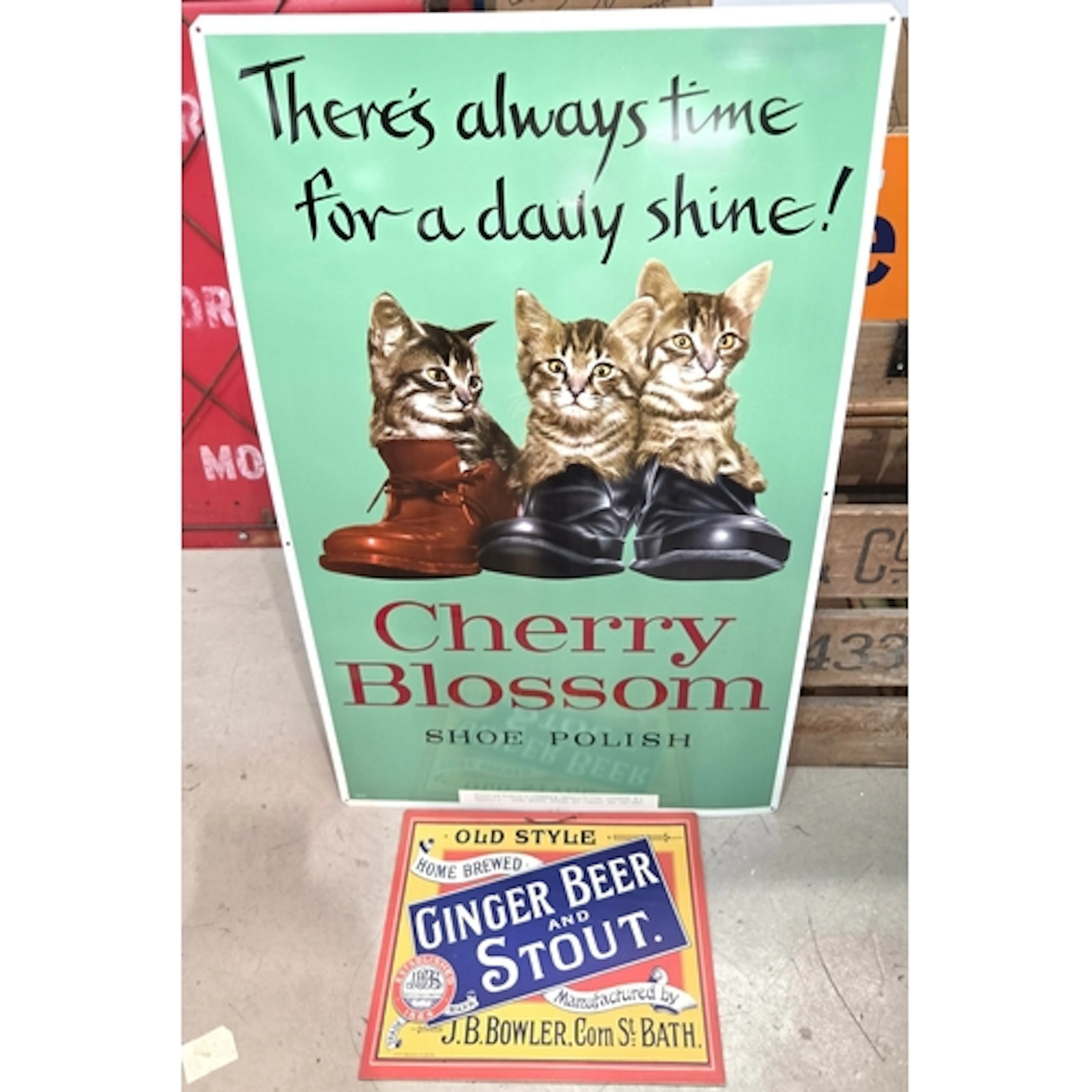 Advertising: Cherry Blossom shoe polish sign with cats; Gin...