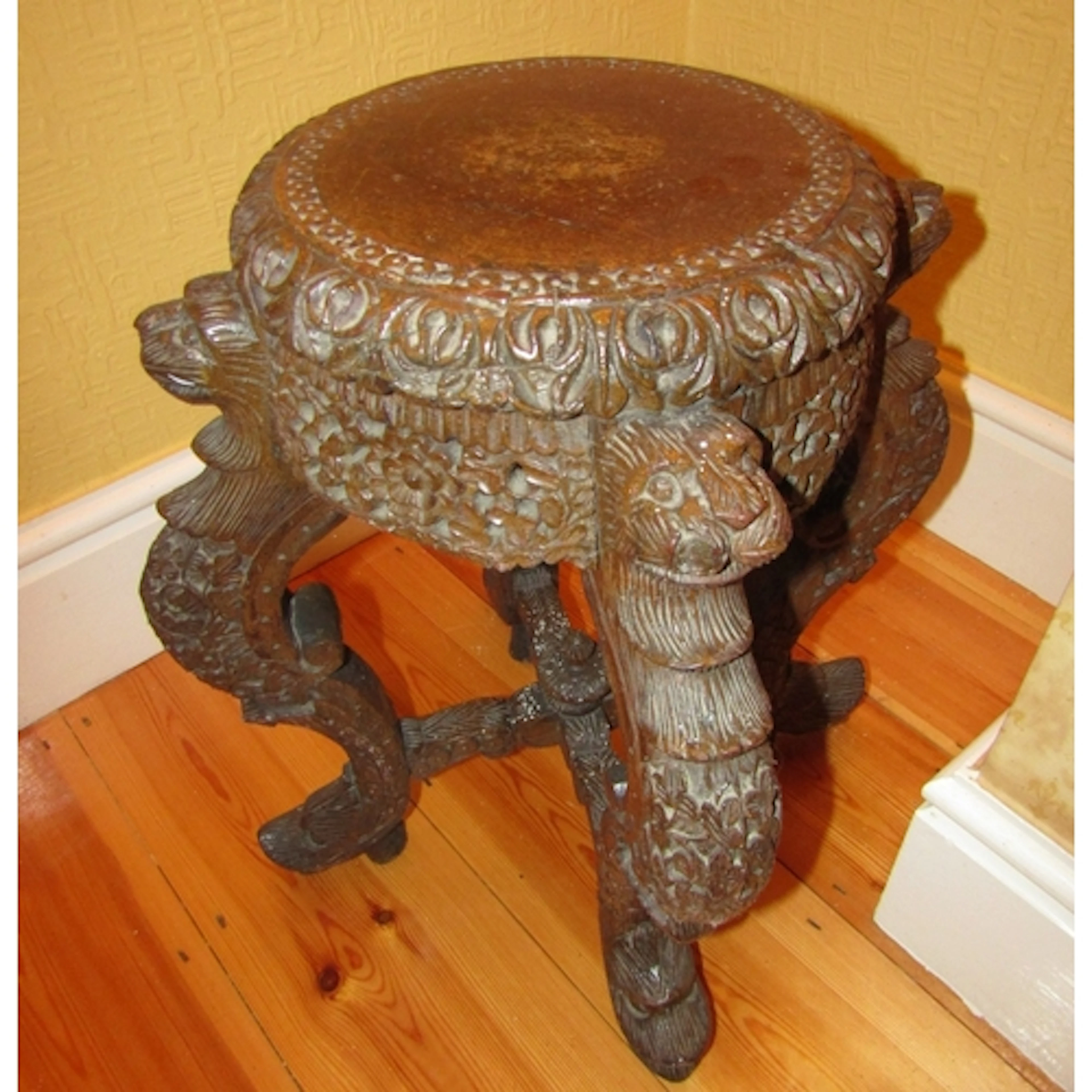 Antique Stand Possibly Burmese with Carved Lion Head Decorat...