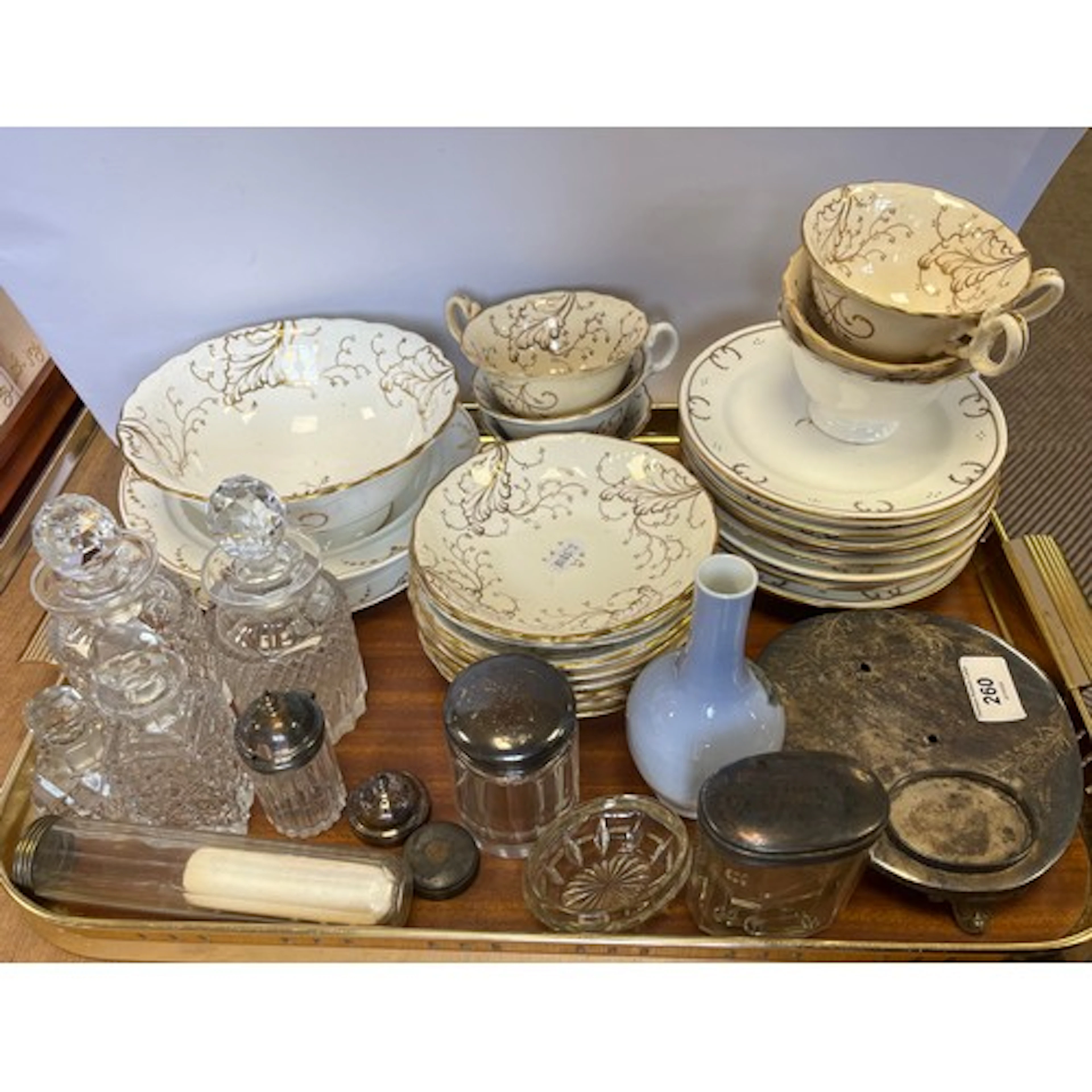 Victorian gilt decorated teaset, cut glass condiments, Royal...