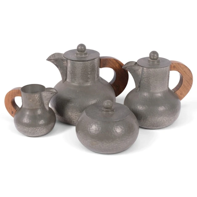 Jean Despres, Arts and Crafts 4-piece hammered pewter coffee...