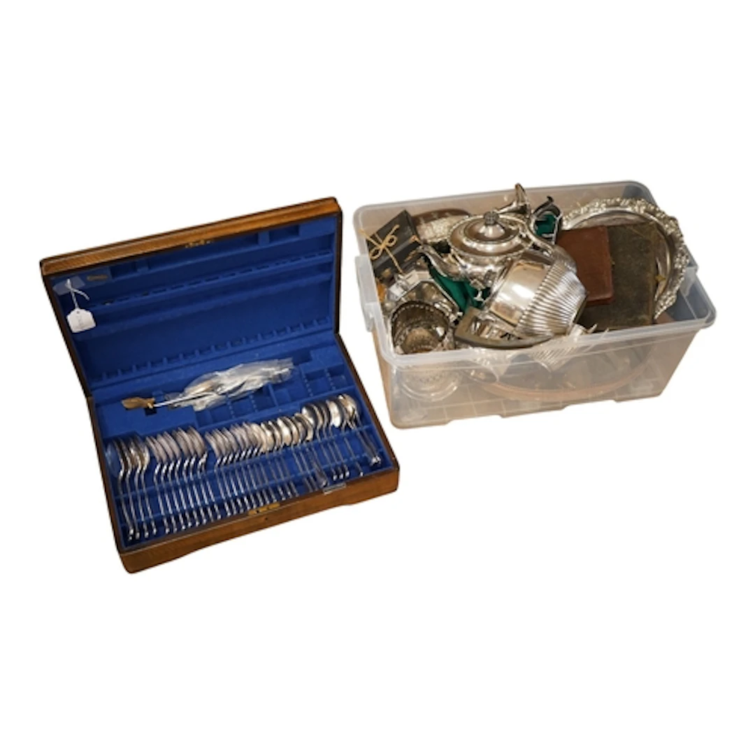 A collection of assorted silver plated ware to include a cas...