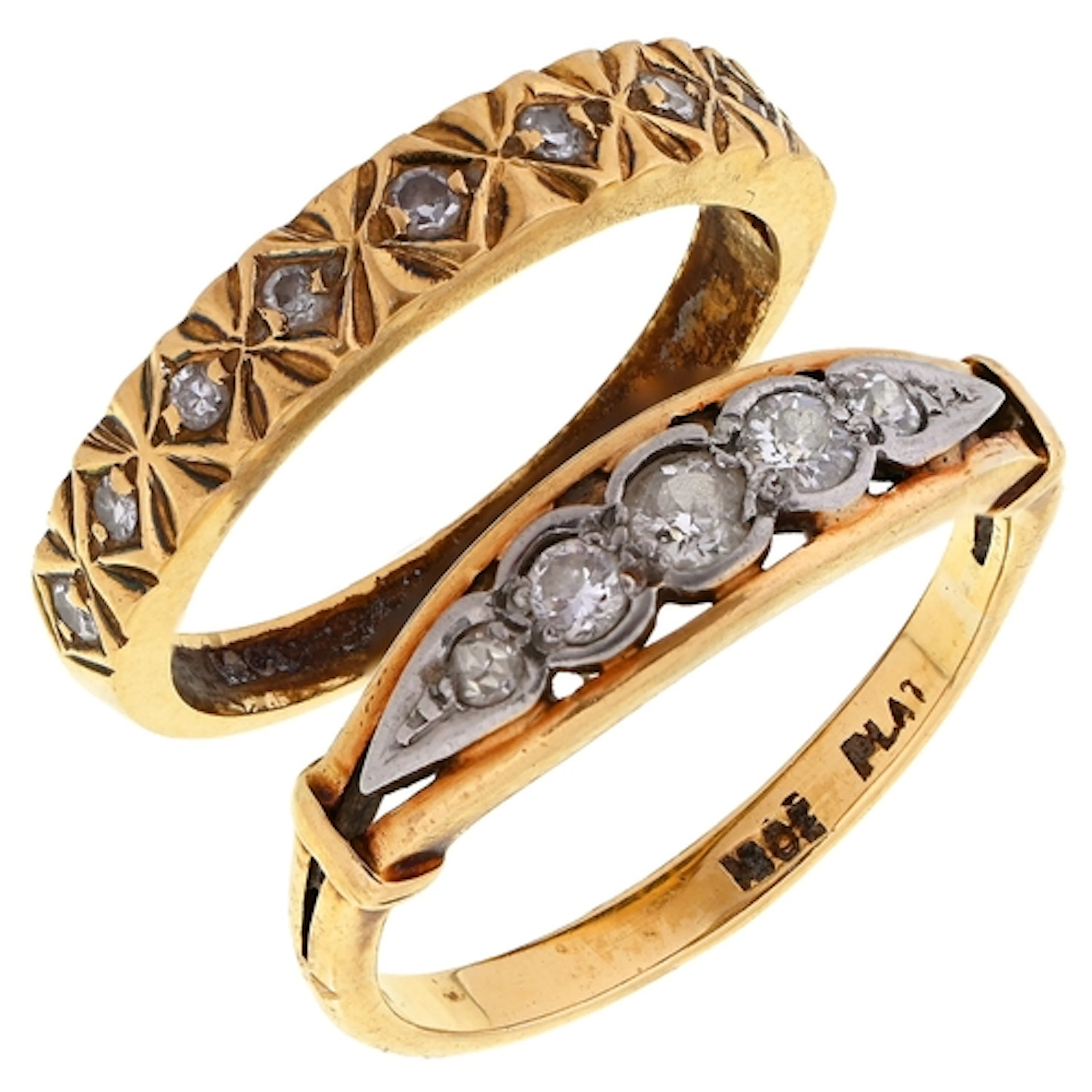 A diamond ring, with five irregular old cut diamonds graduat...