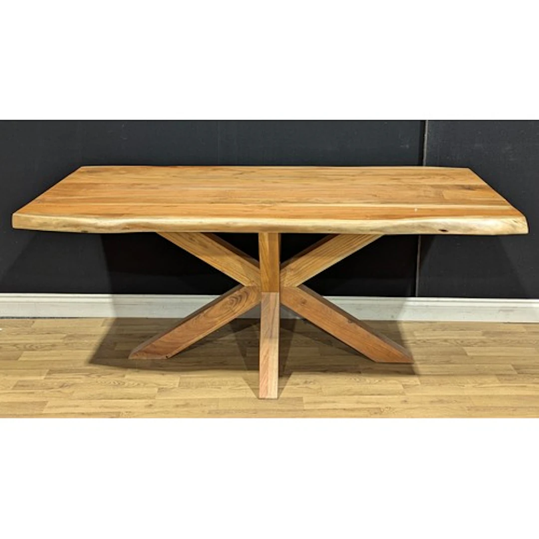 A contemporary acacia dining table, 77cm high, 180cm long, 9...