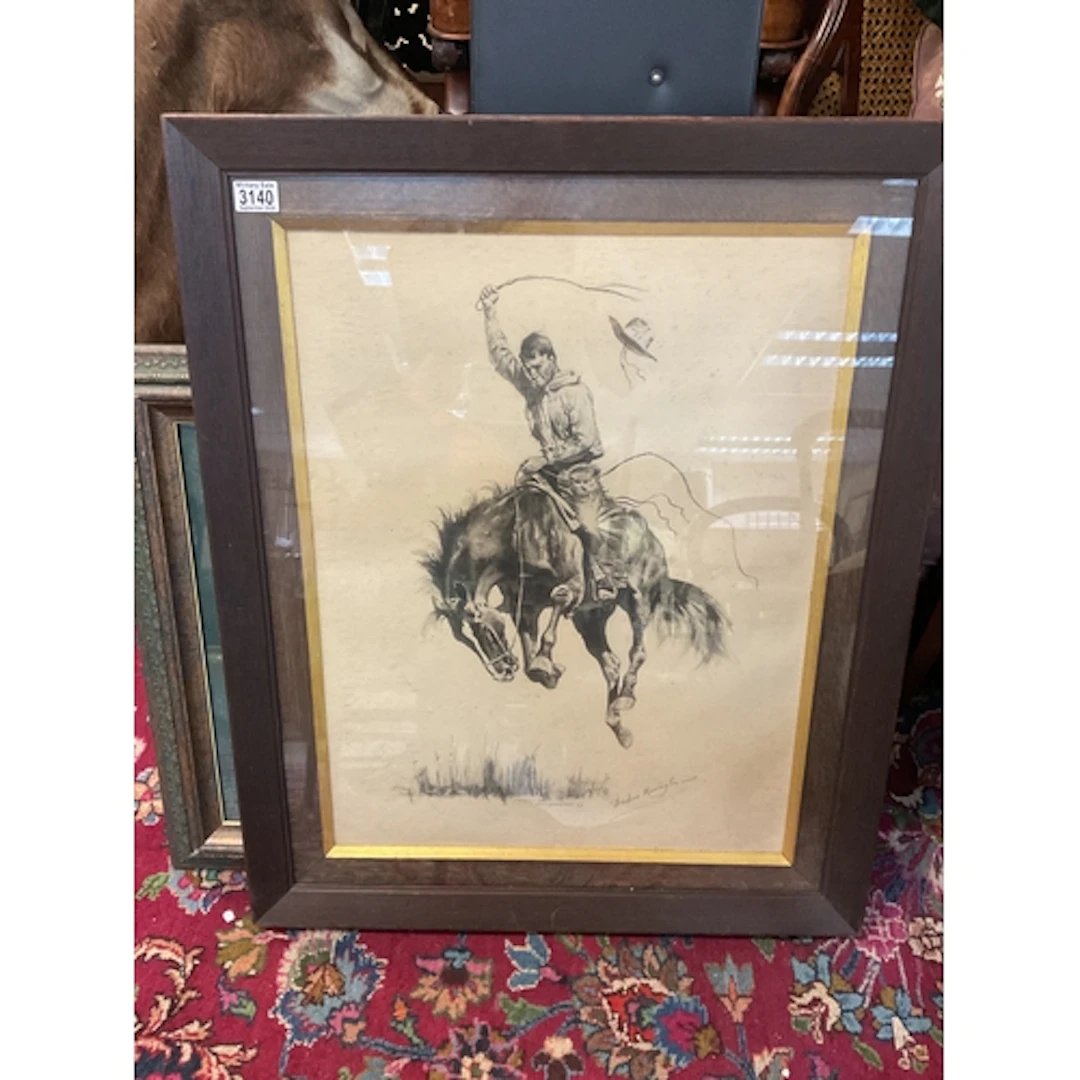 Framed and glazed F Remington picture of the Bronco Buster&n...