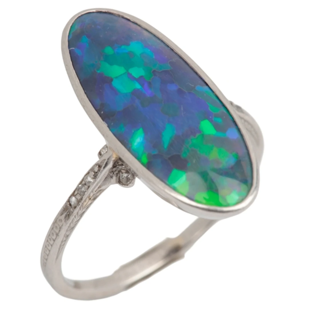 An attractive Art Deco black opal and diamond ring, circa 19...