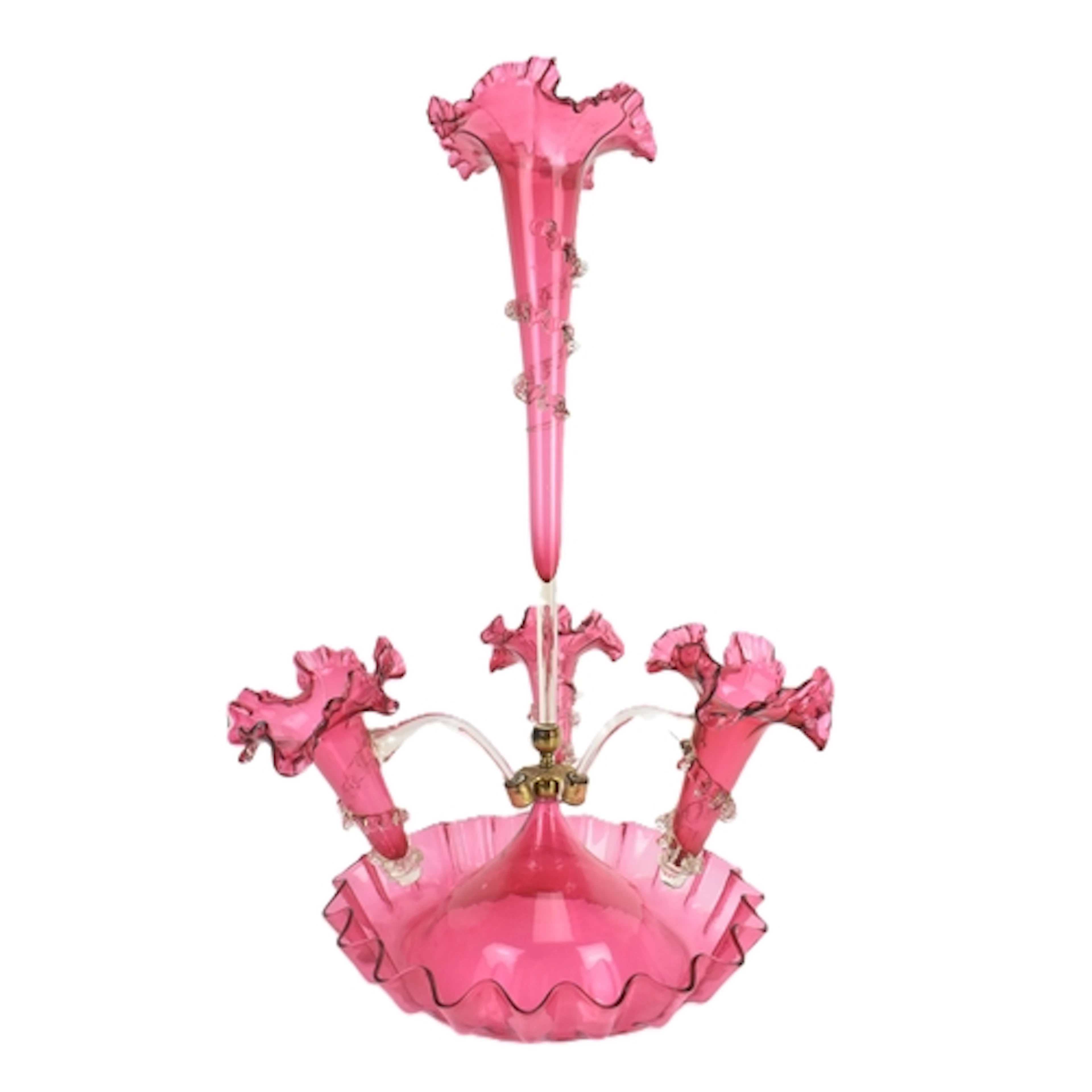 A late Victorian red and white glass epergne, having a centr...