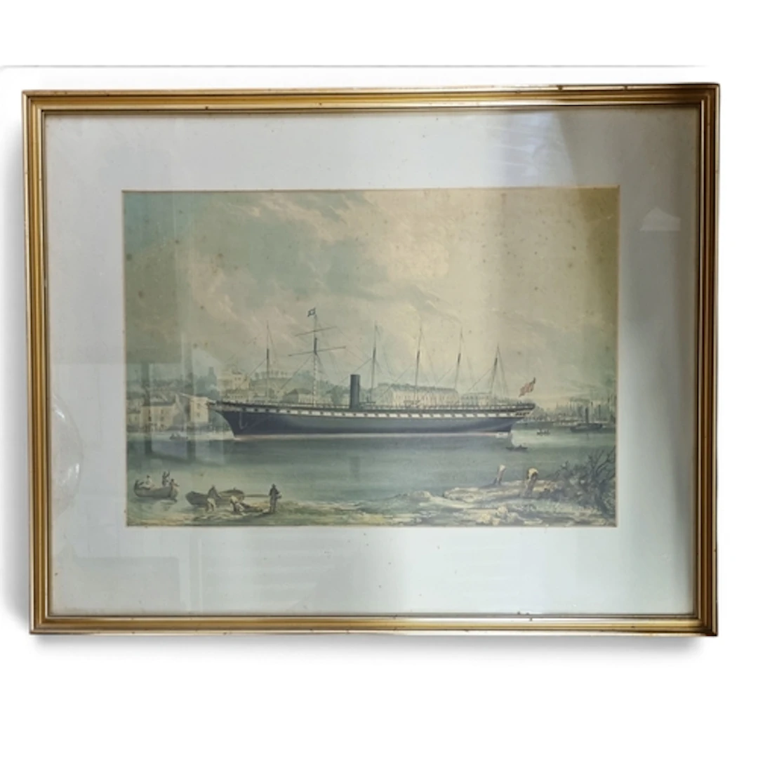 A 19th century coloured Print of a sailing Ship in Port. 52 ...