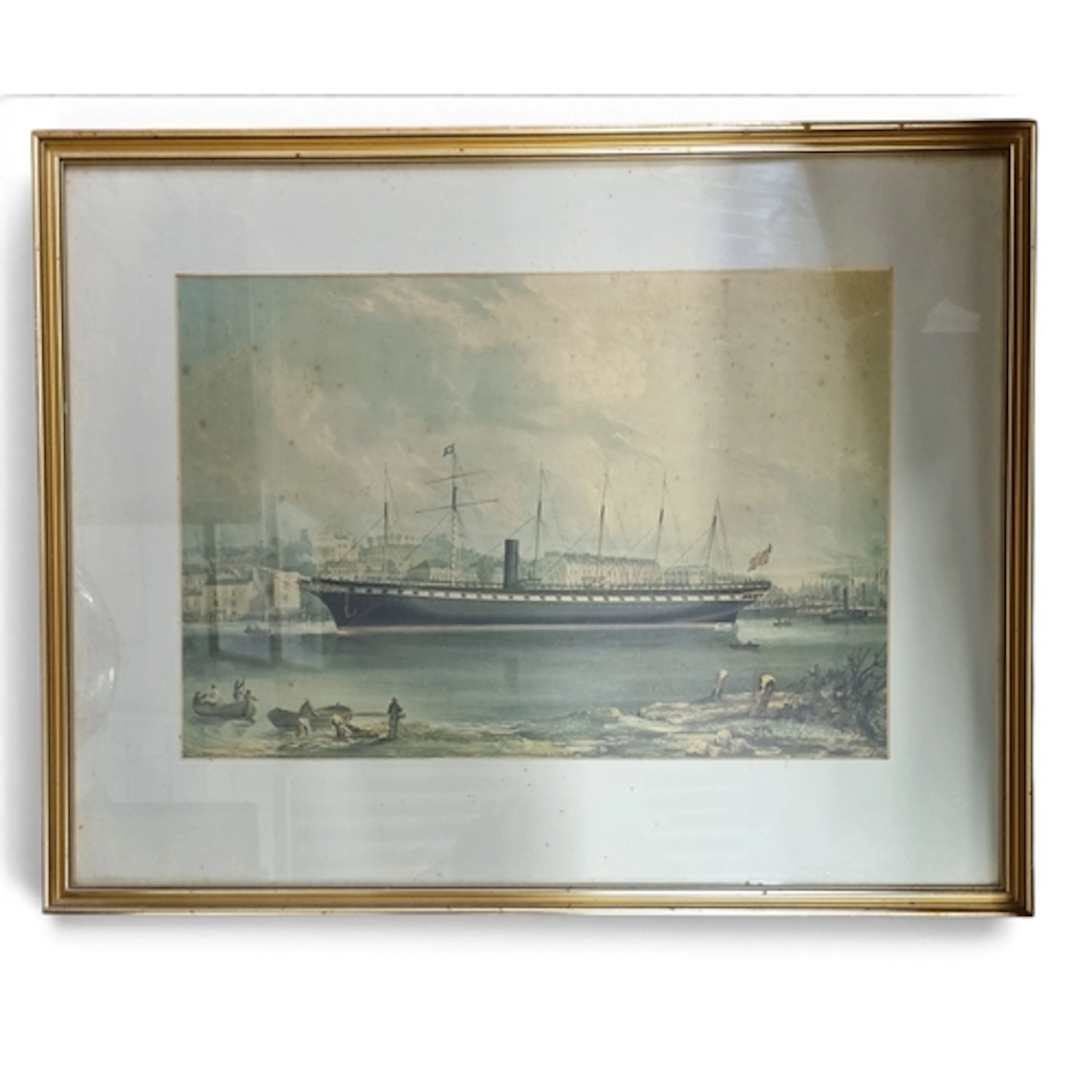A 19th century coloured Print of a sailing Ship in Port. 52 ...