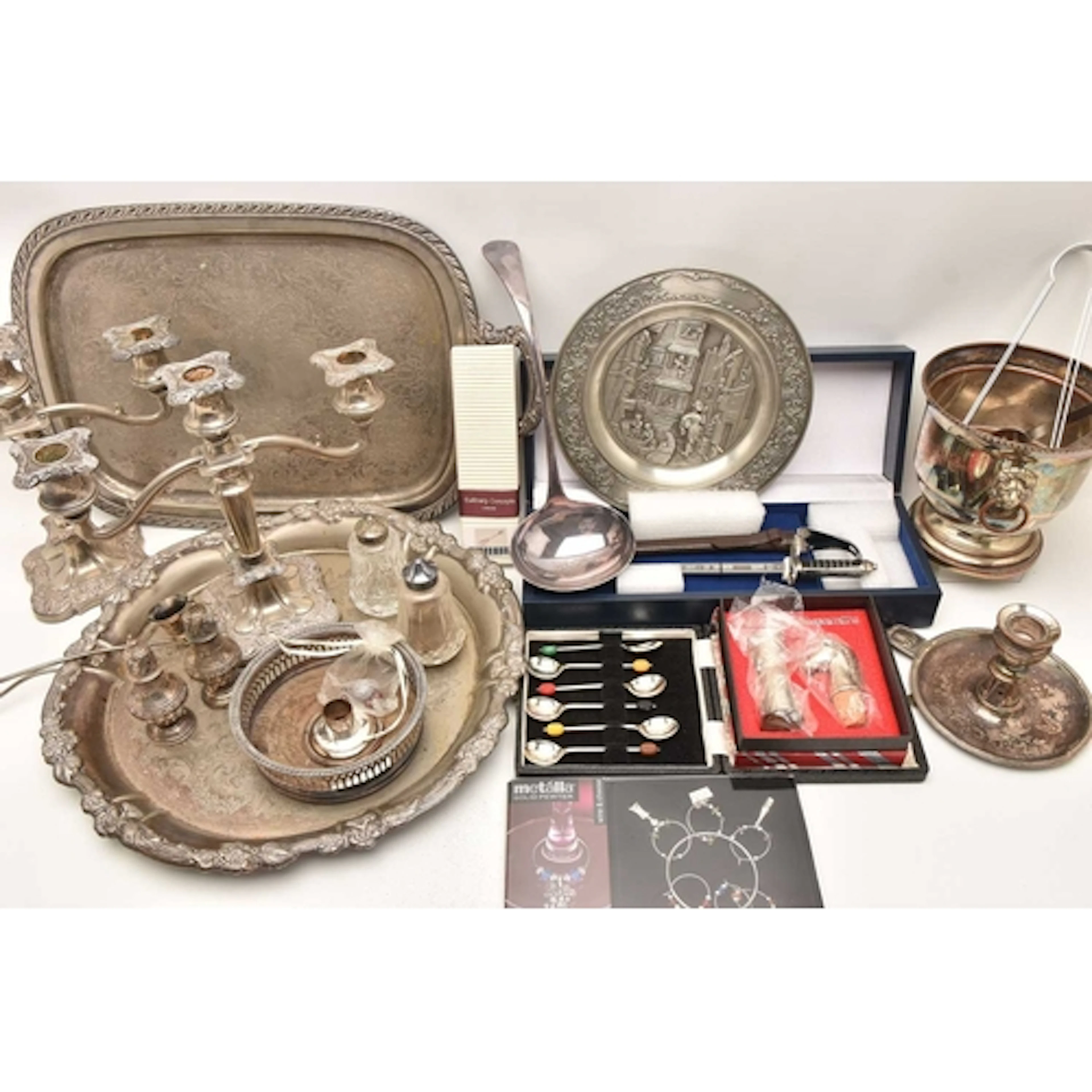 A BOX OF ASSORTED WHITE METAL/SILVER PLATE WARE, to include ...