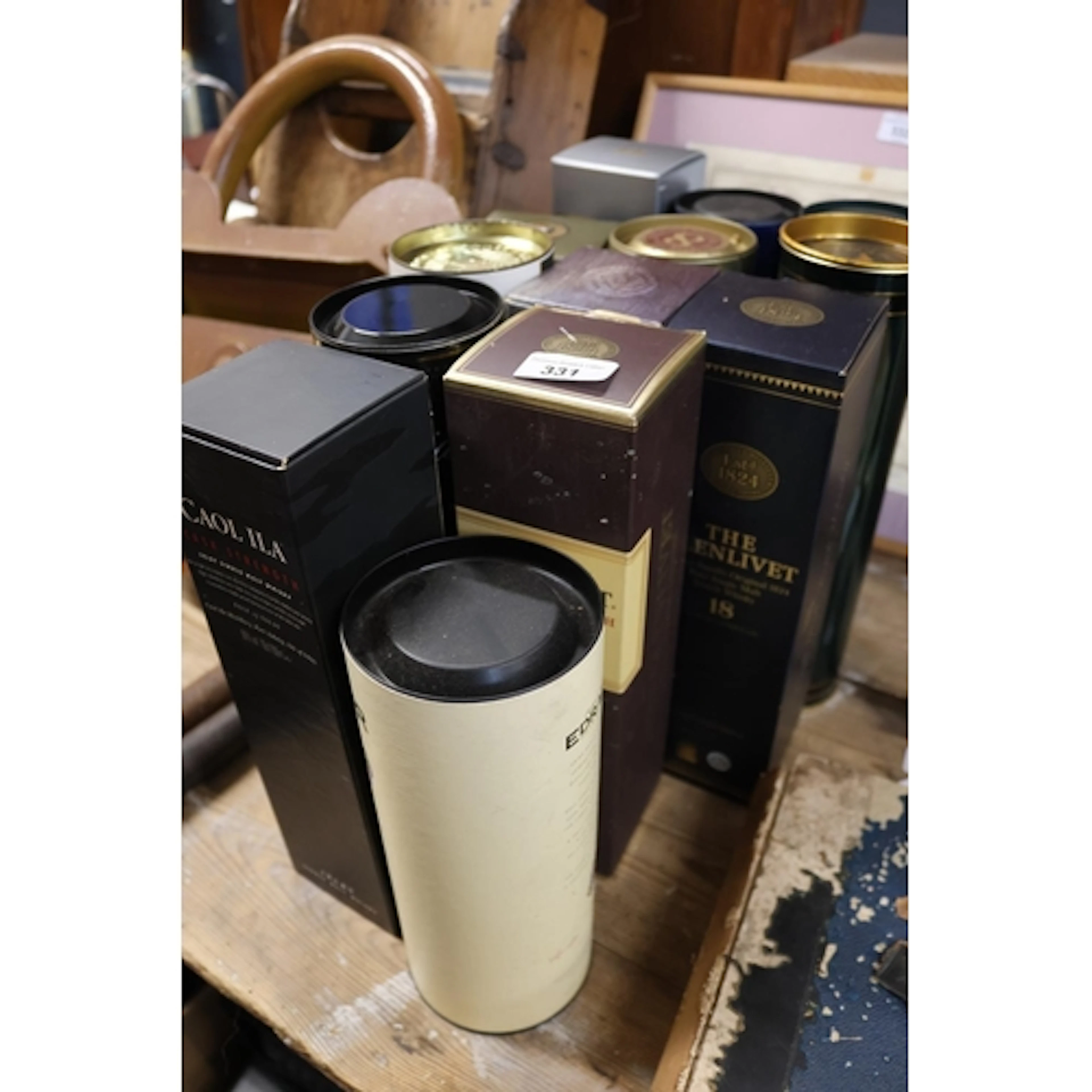 Empty whisky boxes to include Glenlivet, Ardbeg, Bowmore etc...