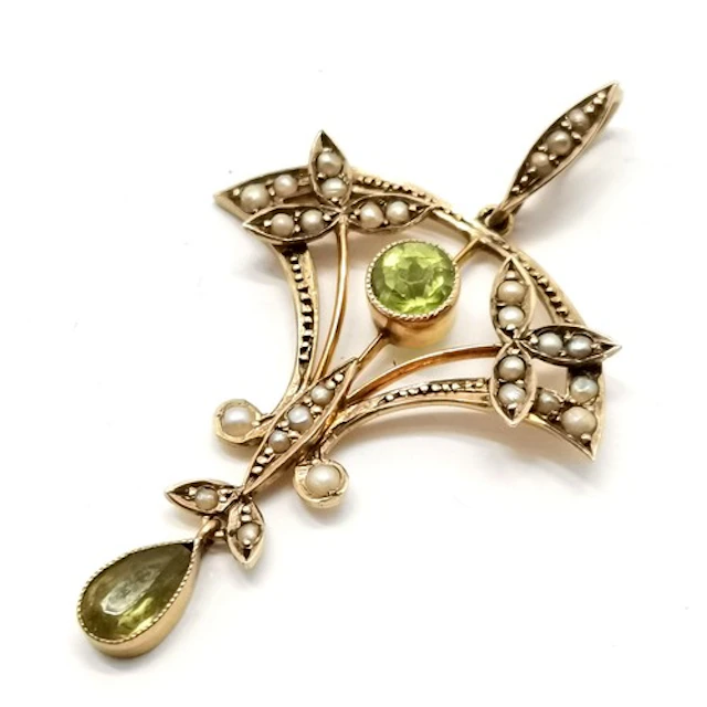 Antique Art Nouveau 9ct marked gold peridot & seed pearl pen...