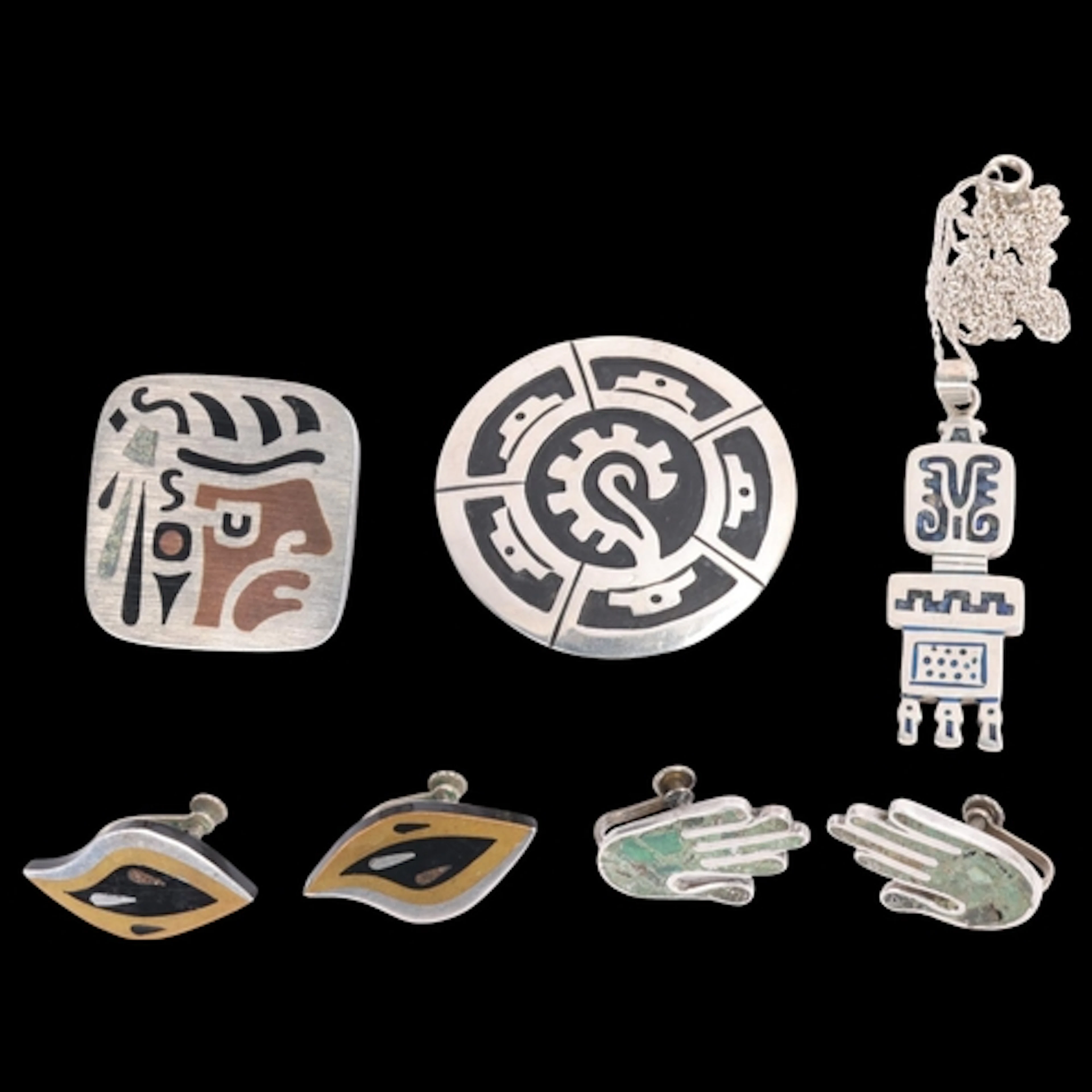 Various Mexican sterling silver jewellery, including Aztec s...
