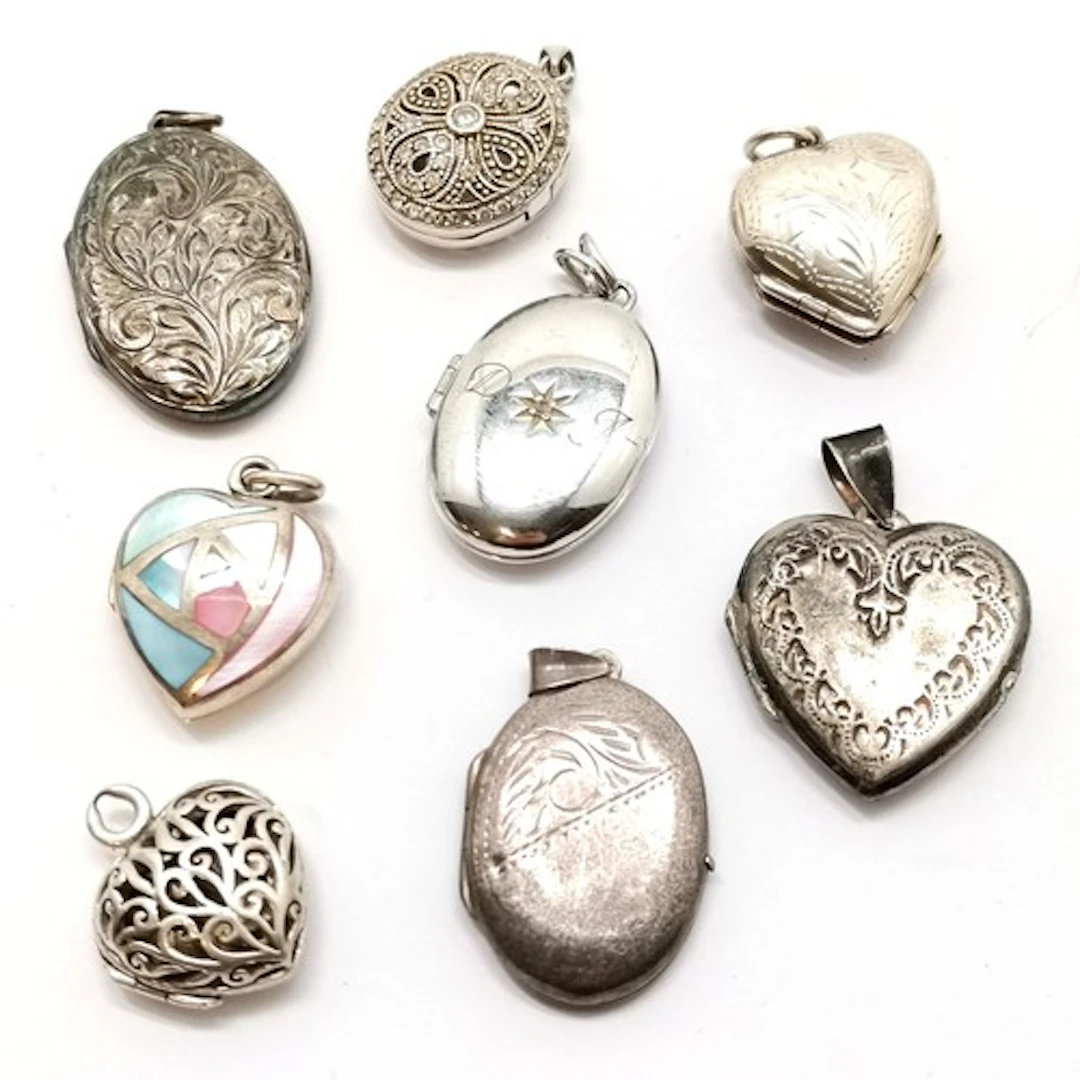 8 x silver (1 unmarked) locket pendants inc hot diamond (3.4...